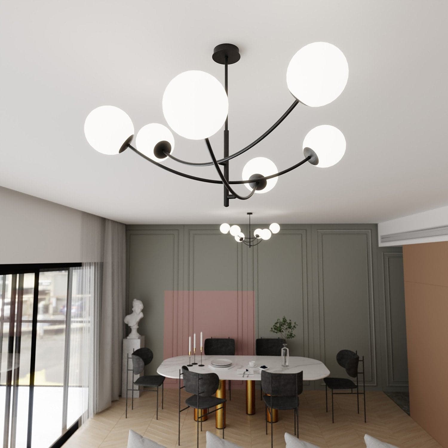Sospenione Moderna 6 Luci Hunter Acciaio Nero Bracci Regolabili E Vetro Opalino in Lampade a sospensione LuceArt - Montecorvino Pugliano, commercioVirtuoso.it