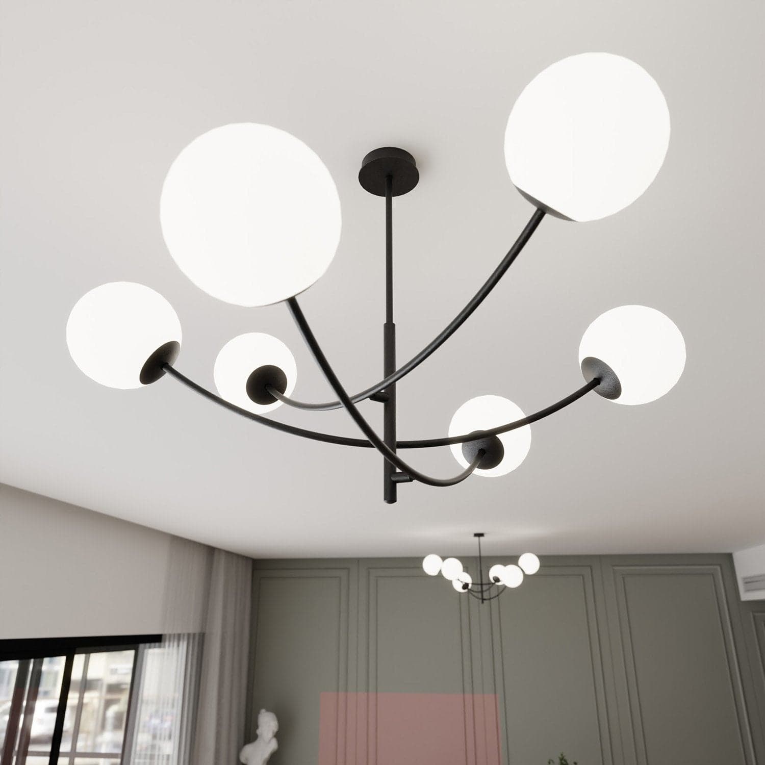 Sospenione Moderna 6 Luci Hunter Acciaio Nero Bracci Regolabili E Vetro Opalino in Lampade a sospensione LuceArt - Montecorvino Pugliano, commercioVirtuoso.it
