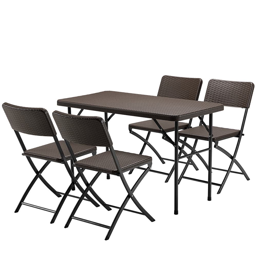 Kit da Giardino Pieghevole in Polyrattan Tavolo e 4 Sedie Interno Esterno Marrone