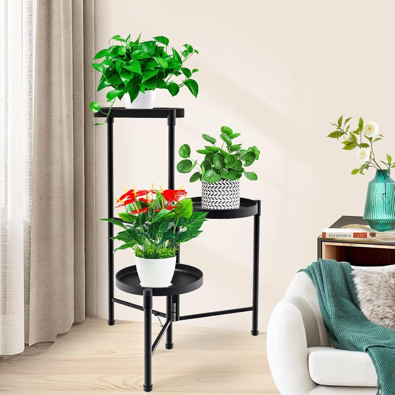 Scaffale Tavolino Porta Piante 3 altezze Metallo Nero 32x46 H 62 cm Moderno