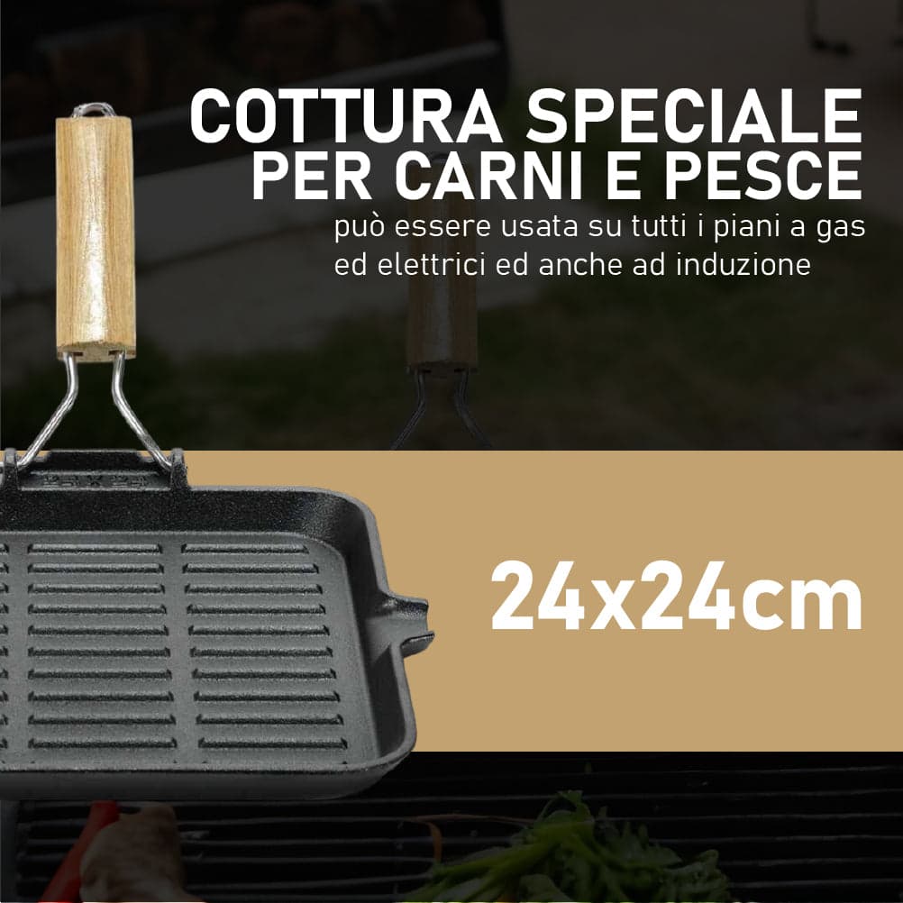 Kit 2pz Bistecchiera in Ghisa Manico Legno Pieghevole Antiaderenti 24x24 21x35 cm in Padelle grill Danyx - Casoria, commercioVirtuoso.it