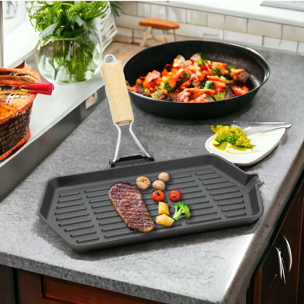 Kit 2pz Bistecchiera in Ghisa Manico Legno Pieghevole Antiaderenti 24x24 21x35 cm in Padelle grill Danyx - Casoria, commercioVirtuoso.it