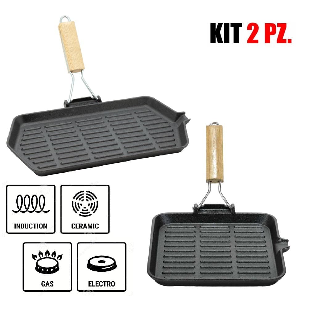 Kit 2pz Bistecchiera in Ghisa Manico Legno Pieghevole Antiaderenti 24x24 21x35 cm in Padelle grill Danyx - Casoria, commercioVirtuoso.it