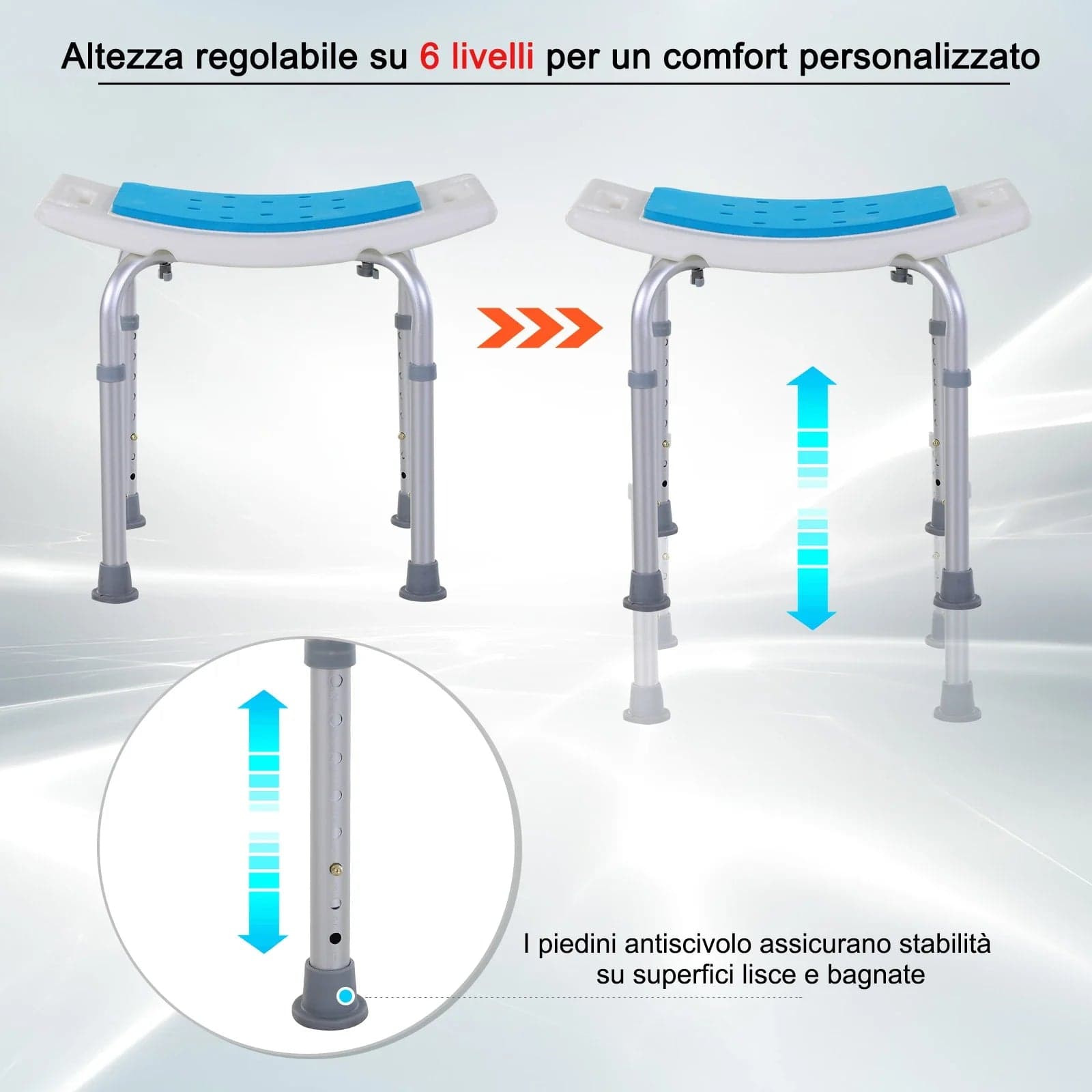 Sgabello Bagno Alluminio Altezza Regolabile 6livelli Sedia da doccia antiscivolo in Sgabelli per doccia e bagno Danyx - Casoria, commercioVirtuoso.it
