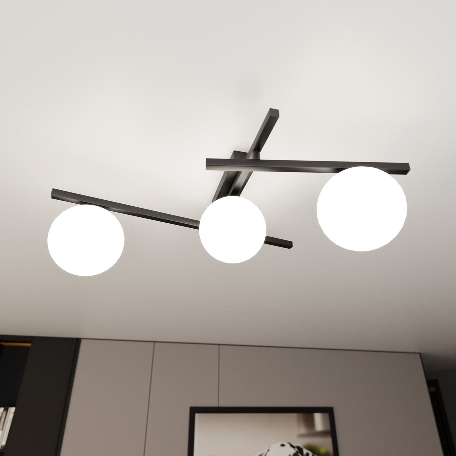 Plafoniera Moderna 3 Luci Smart In Acciaio Nero Bracci Regolabili E Vetro Opale in Plafoniere LuceArt - Montecorvino Pugliano, commercioVirtuoso.it
