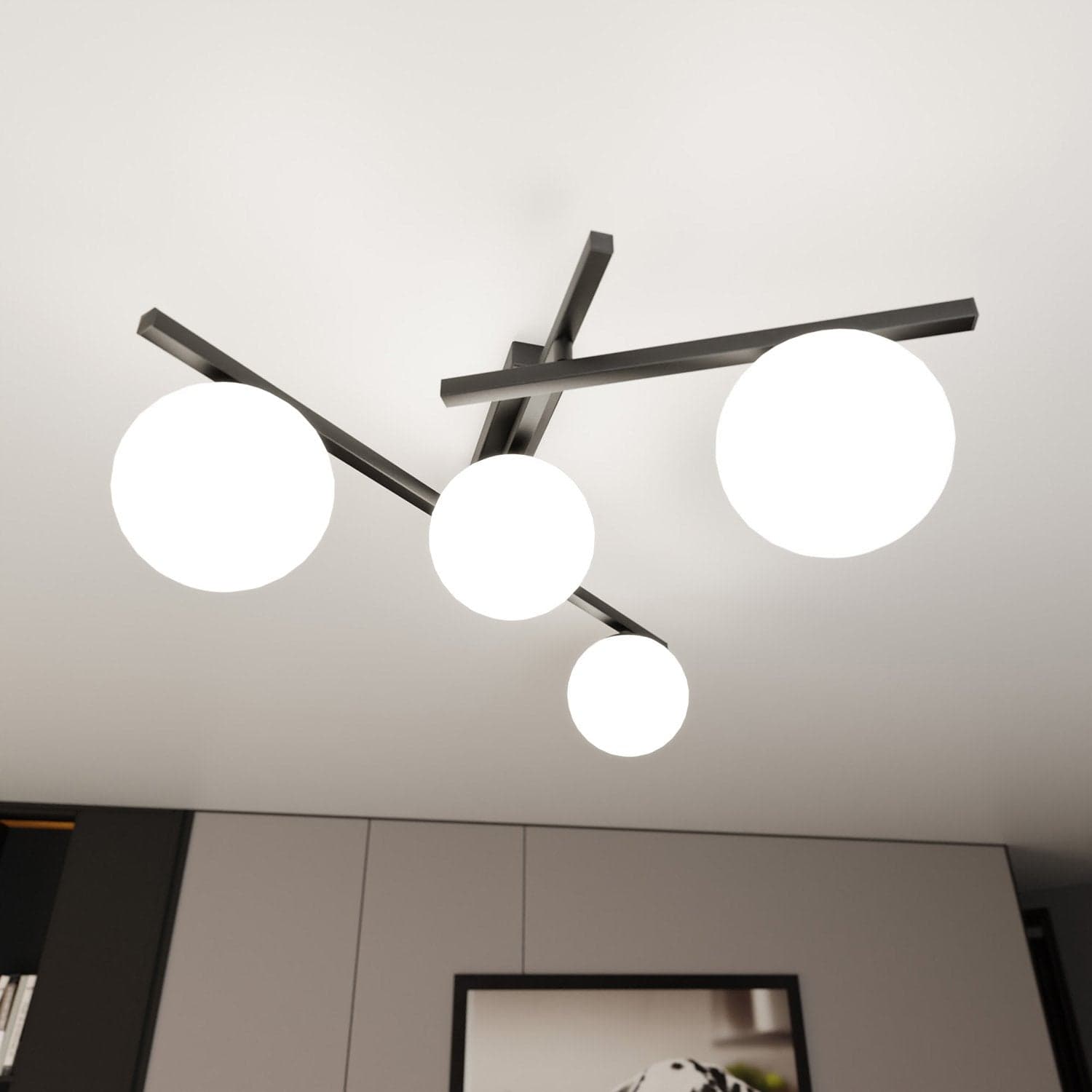 Plafoniera Moderna 4 Luci Smart In Acciaio Nero Bracci Regolabili E Vetro Opale in Plafoniere LuceArt - Montecorvino Pugliano, commercioVirtuoso.it