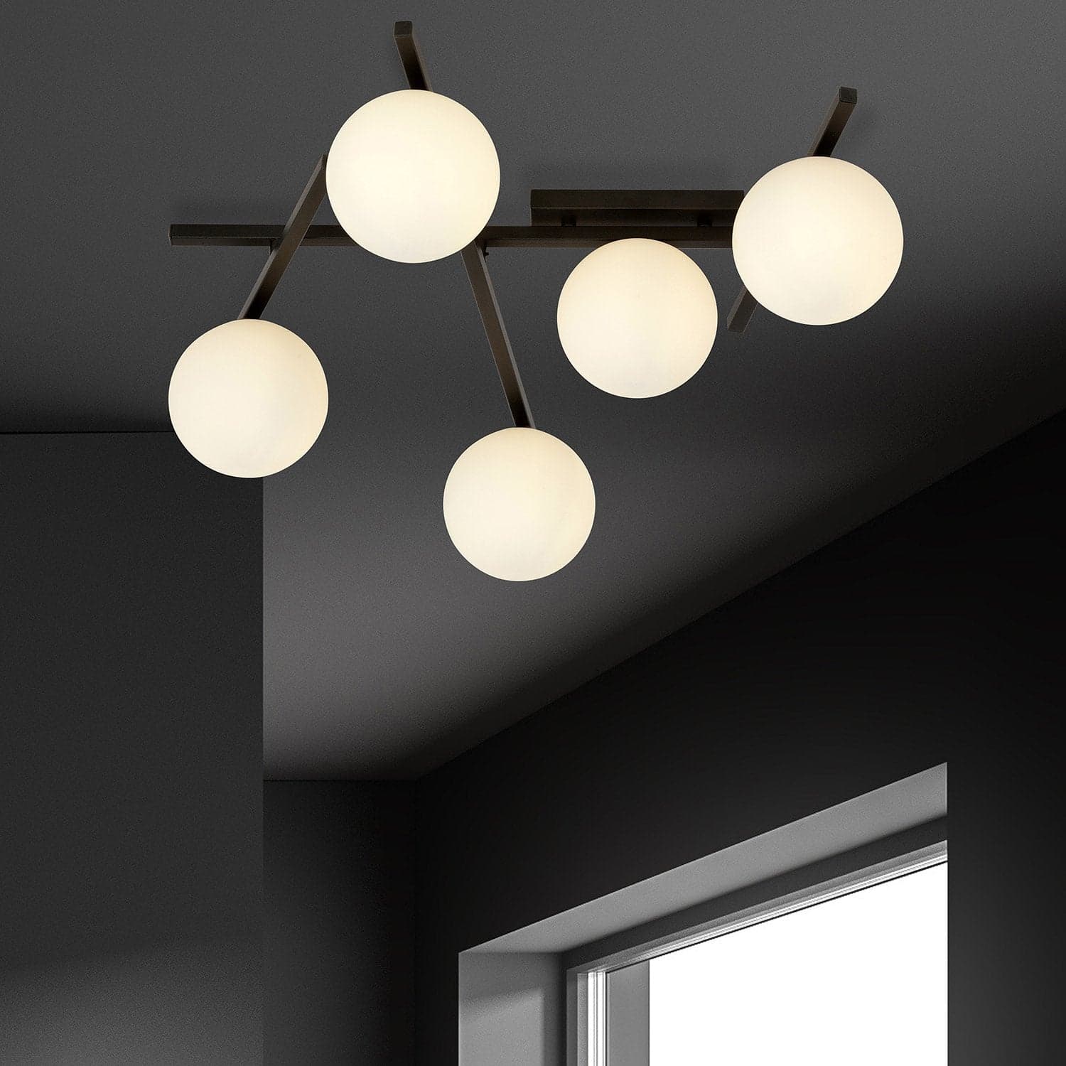 Plafoniera Moderna 5 Luci Smart In Acciaio Nero Bracci Regolabili E Vetro Opale in Plafoniere LuceArt - Montecorvino Pugliano, commercioVirtuoso.it