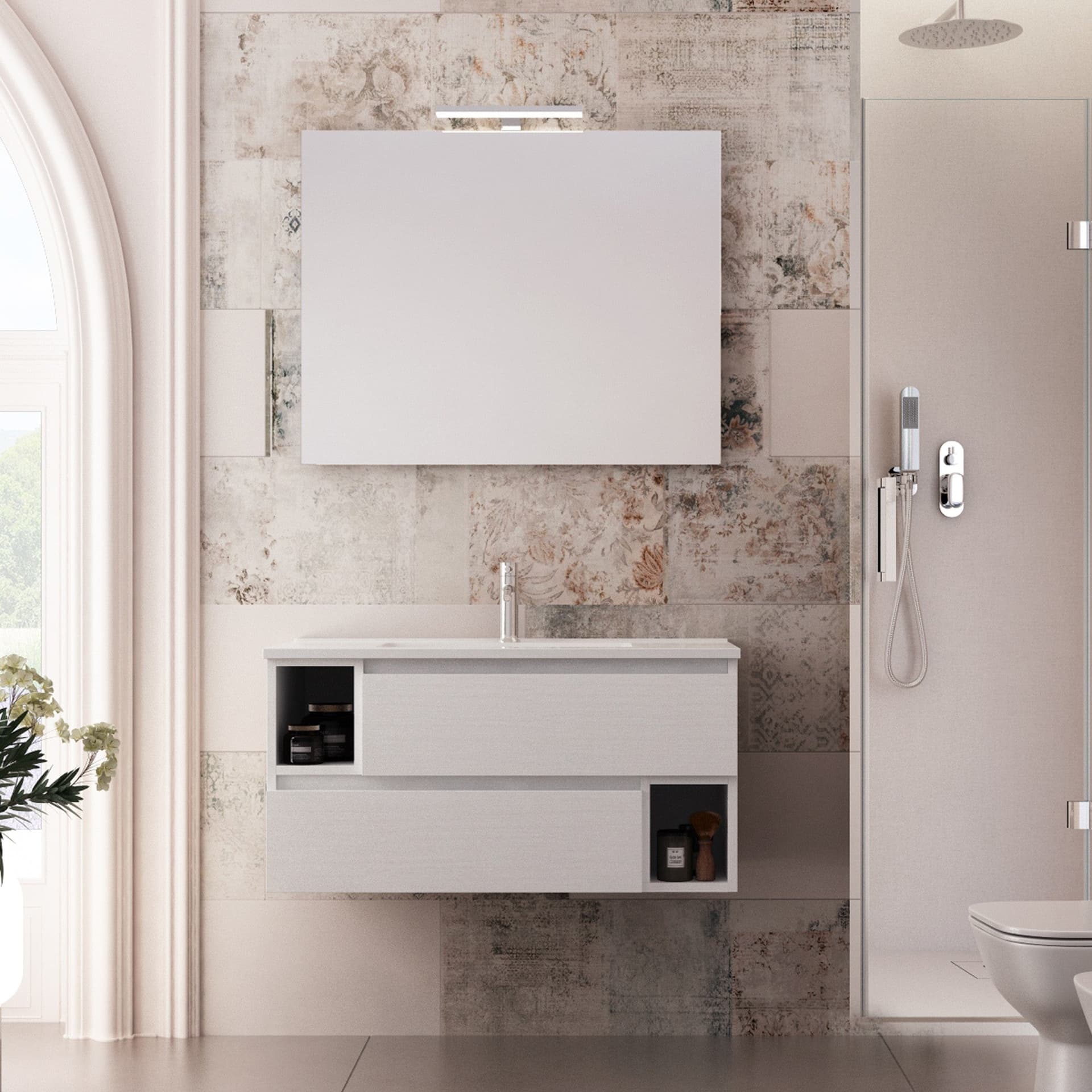 Mobile bagno sospeso 90cm Larice bianco, lavabo ceramico MOOD-755 in Mobiletti con lavabo Mondialshop - Parabiago, commercioVirtuoso.it