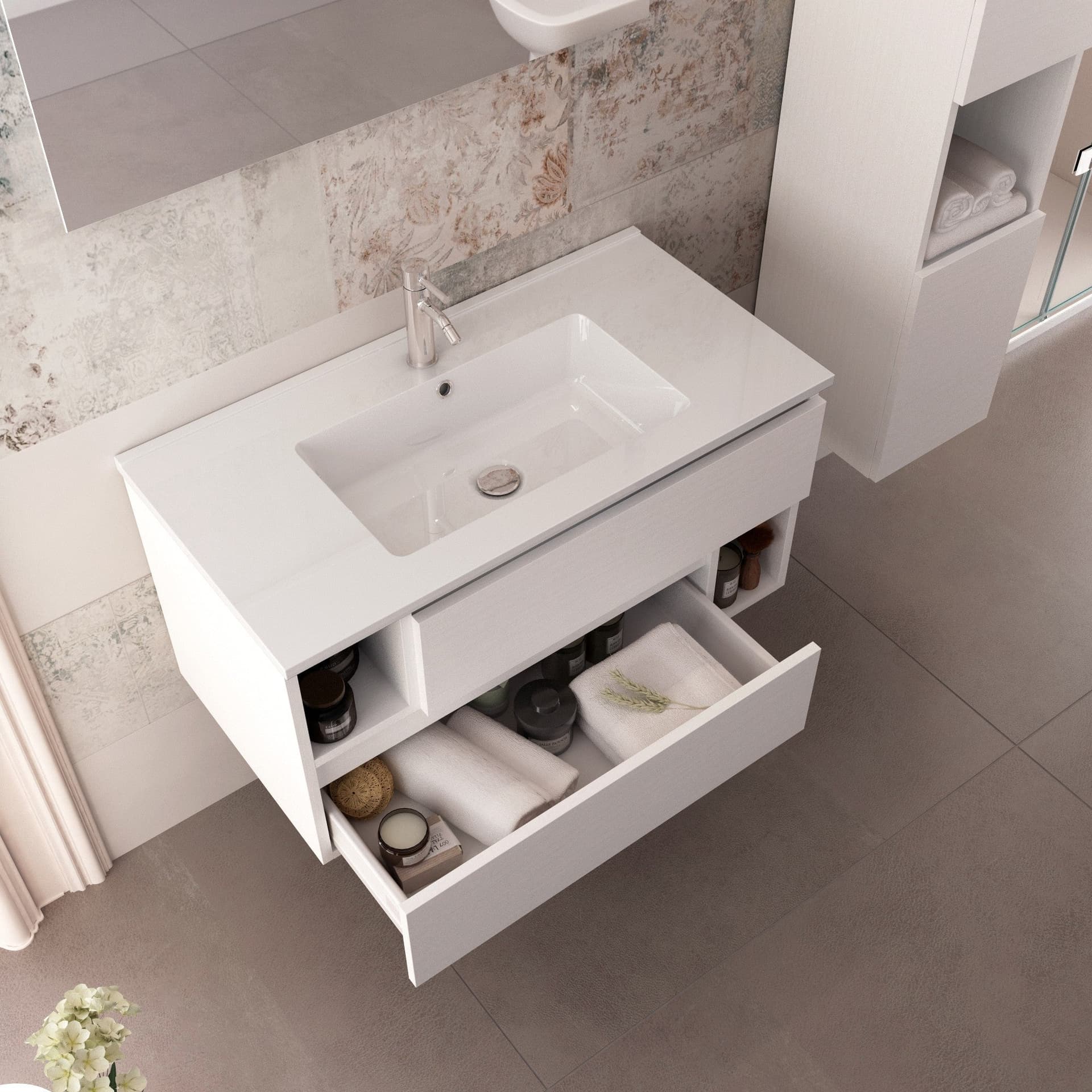 Mobile bagno sospeso 90cm Larice bianco, lavabo ceramico MOOD-755 in Mobiletti con lavabo Mondialshop - Parabiago, commercioVirtuoso.it
