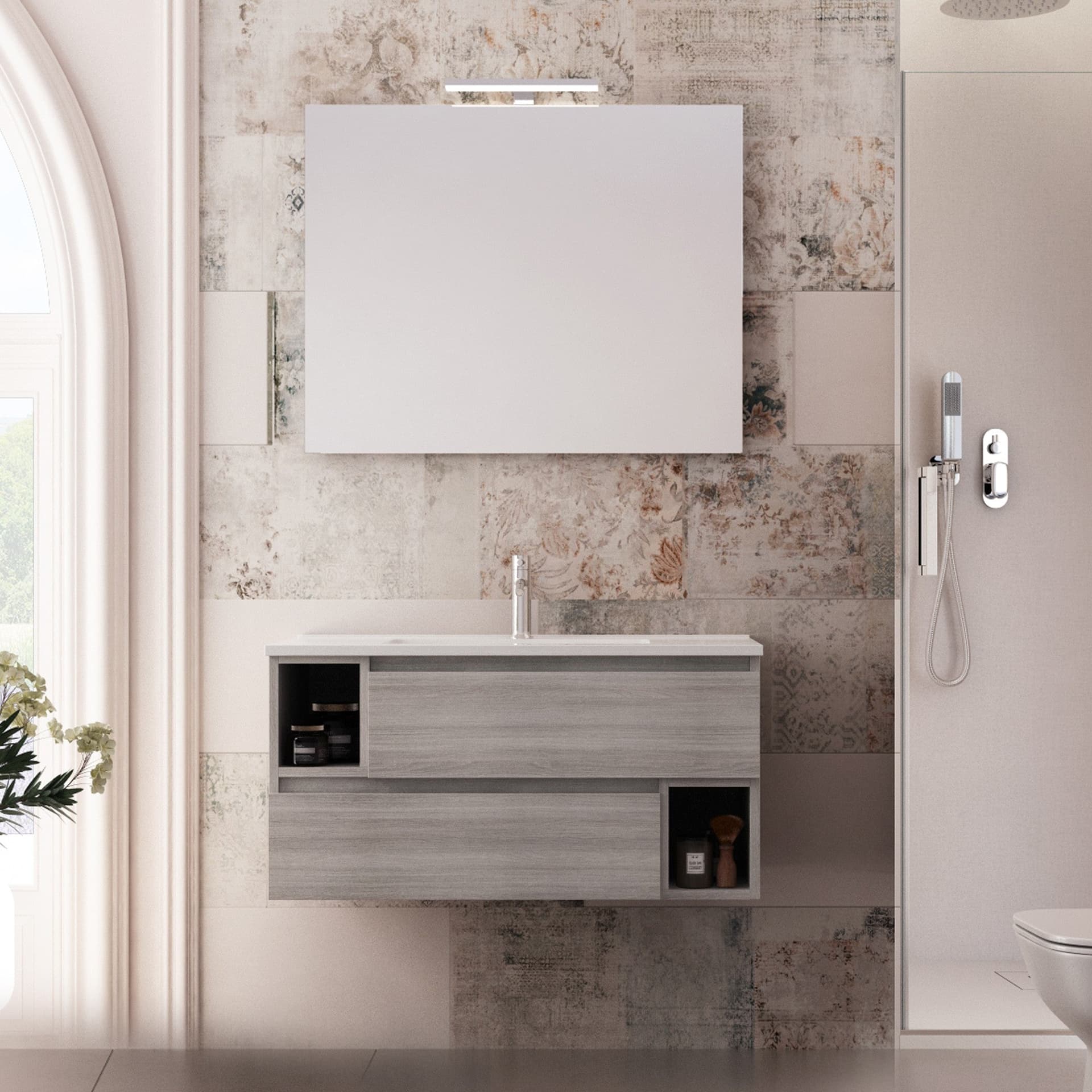 Mobile bagno sospeso 90cm Grigio Eucalipto, lavabo ceramico MOOD-755 in Mobiletti con lavabo Mondialshop - Parabiago, commercioVirtuoso.it
