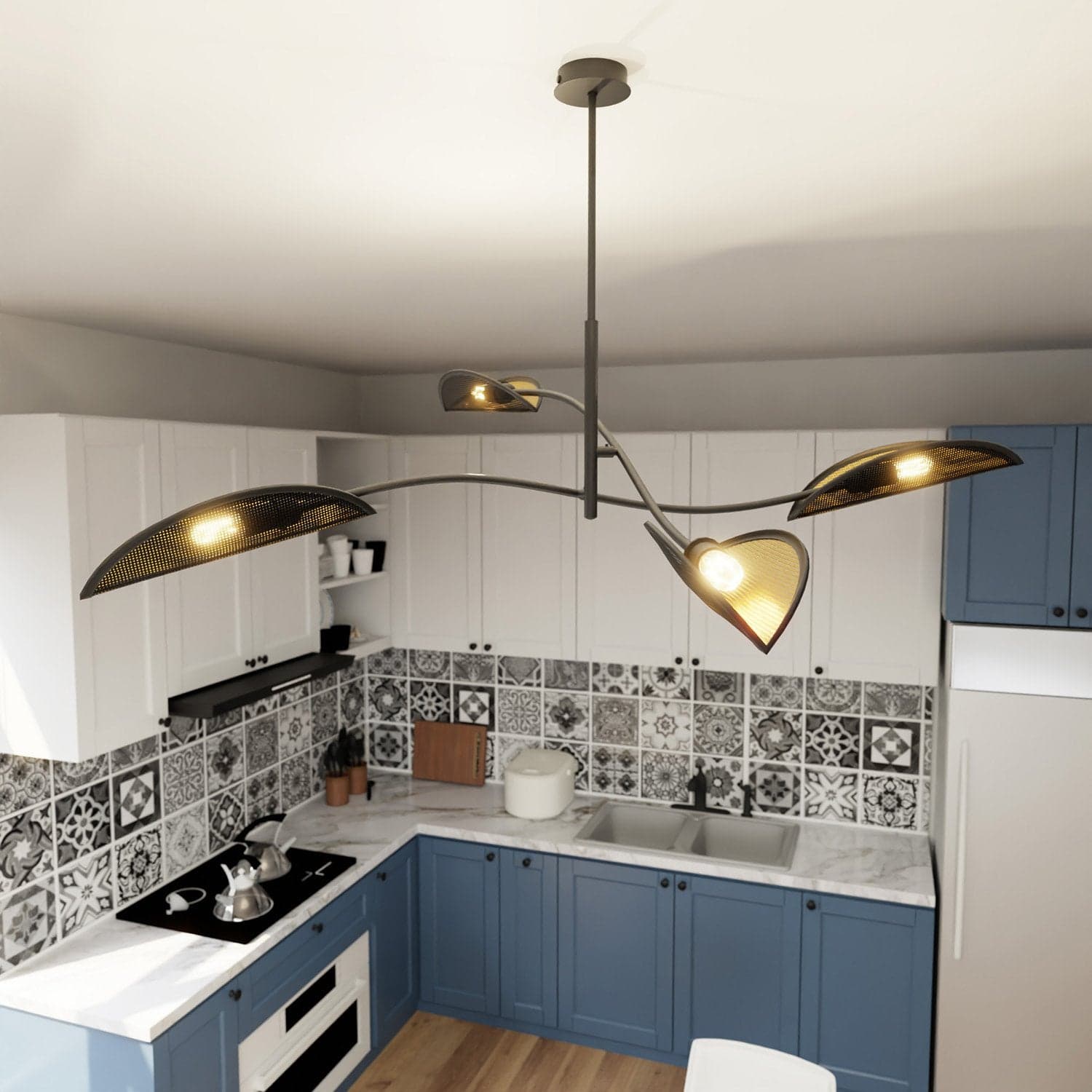Sospensione Nordica 4 Luci Lotus In Acciaio Nero Oro Bracci Regolabili in Lampade a sospensione LuceArt - Montecorvino Pugliano, commercioVirtuoso.it