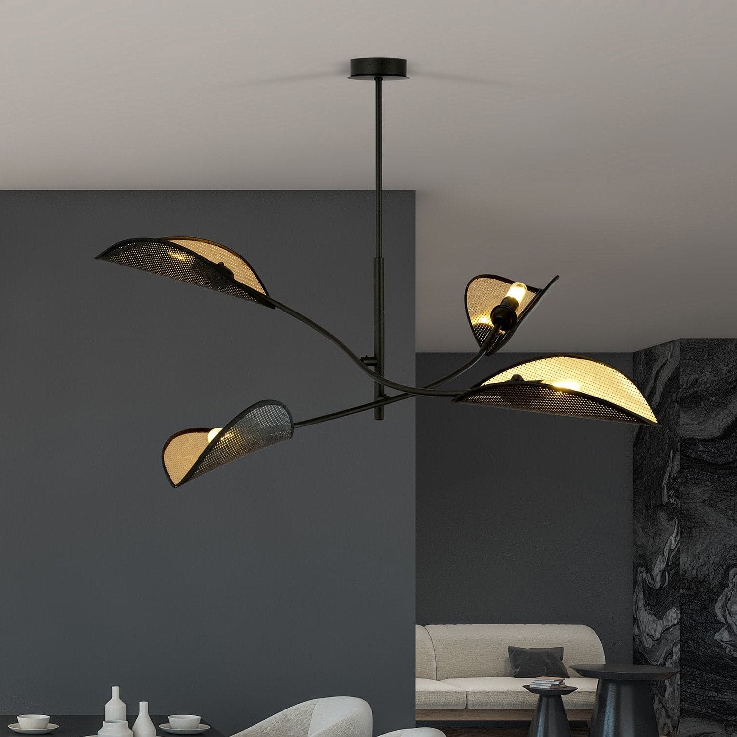Sospensione Nordica 4 Luci Lotus In Acciaio Nero Oro Bracci Regolabili in Lampade a sospensione LuceArt - Montecorvino Pugliano, commercioVirtuoso.it
