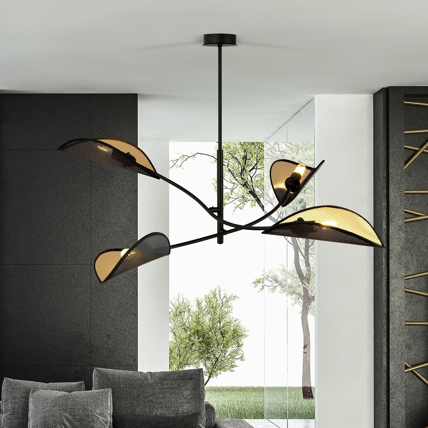 Sospensione Nordica 4 Luci Lotus In Acciaio Nero Oro Bracci Regolabili in Lampade a sospensione LuceArt - Montecorvino Pugliano, commercioVirtuoso.it