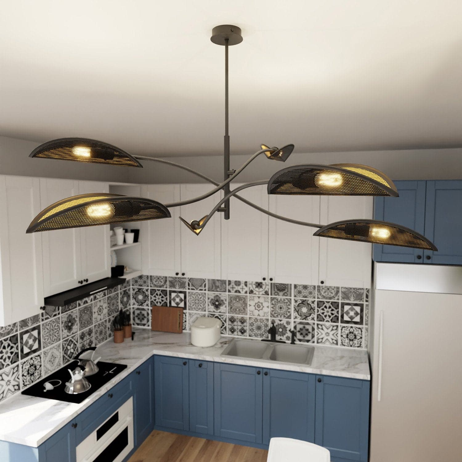 Sospensione Nordica 6 Luci Lotus In Acciaio Nero Oro Bracci Regolabili in Lampade a sospensione LuceArt - Montecorvino Pugliano, commercioVirtuoso.it