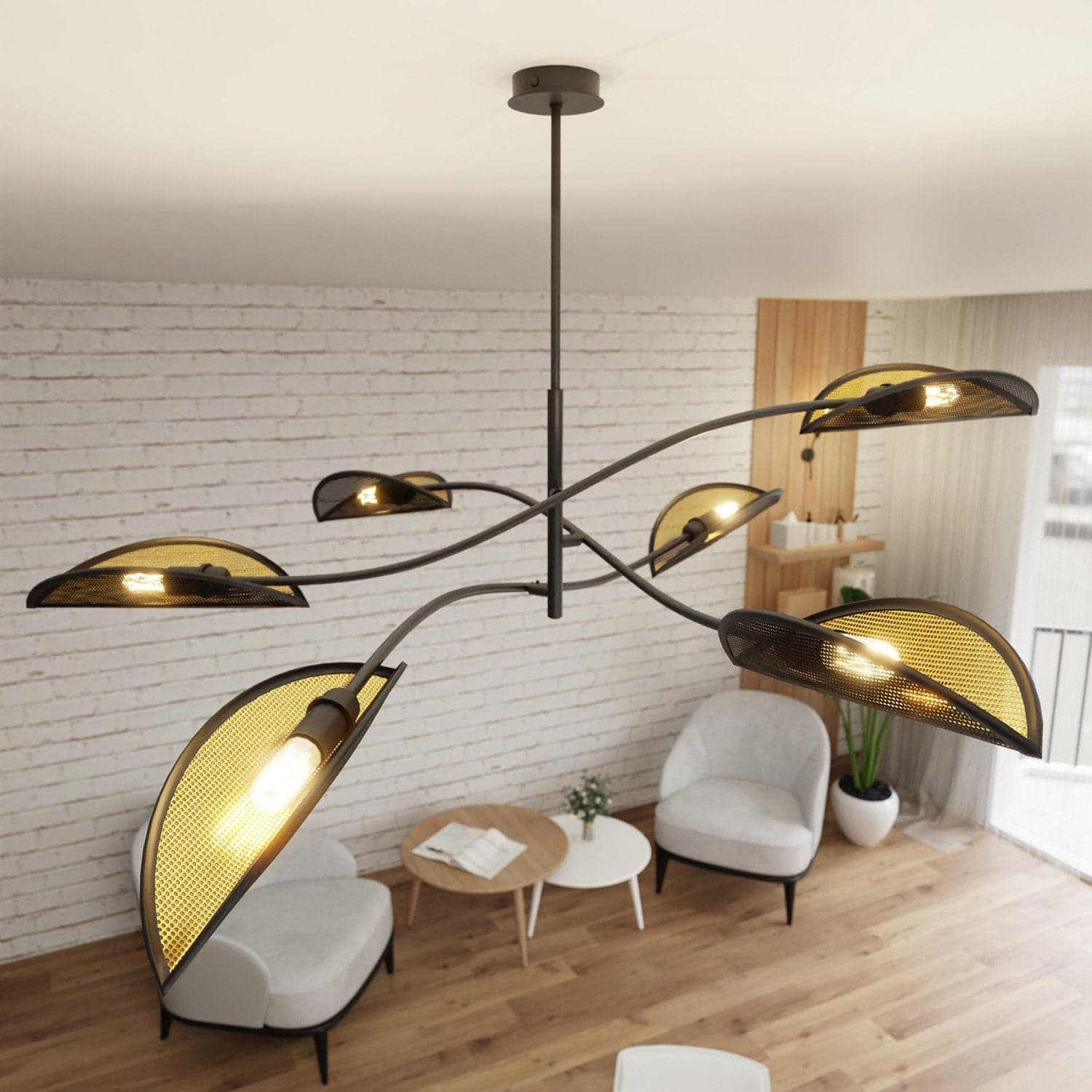 Sospensione Nordica 6 Luci Lotus In Acciaio Nero Oro Bracci Regolabili in Lampade a sospensione LuceArt - Montecorvino Pugliano, commercioVirtuoso.it