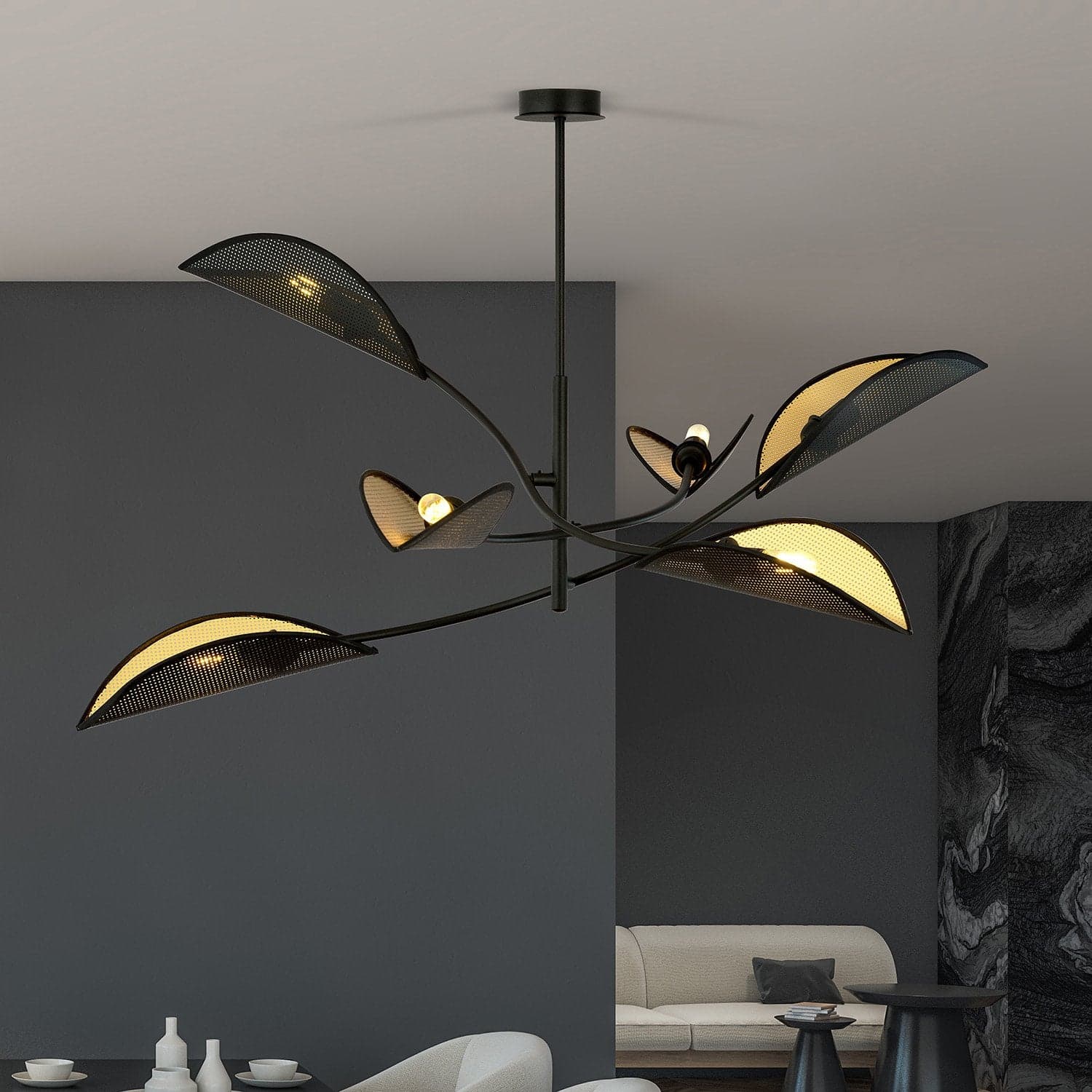 Sospensione Nordica 6 Luci Lotus In Acciaio Nero Oro Bracci Regolabili in Lampade a sospensione LuceArt - Montecorvino Pugliano, commercioVirtuoso.it