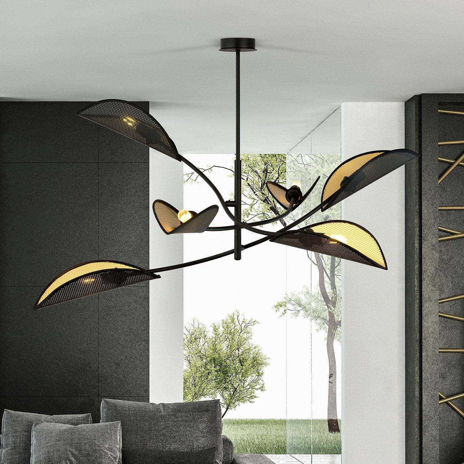 Sospensione Nordica 6 Luci Lotus In Acciaio Nero Oro Bracci Regolabili in Lampade a sospensione LuceArt - Montecorvino Pugliano, commercioVirtuoso.it