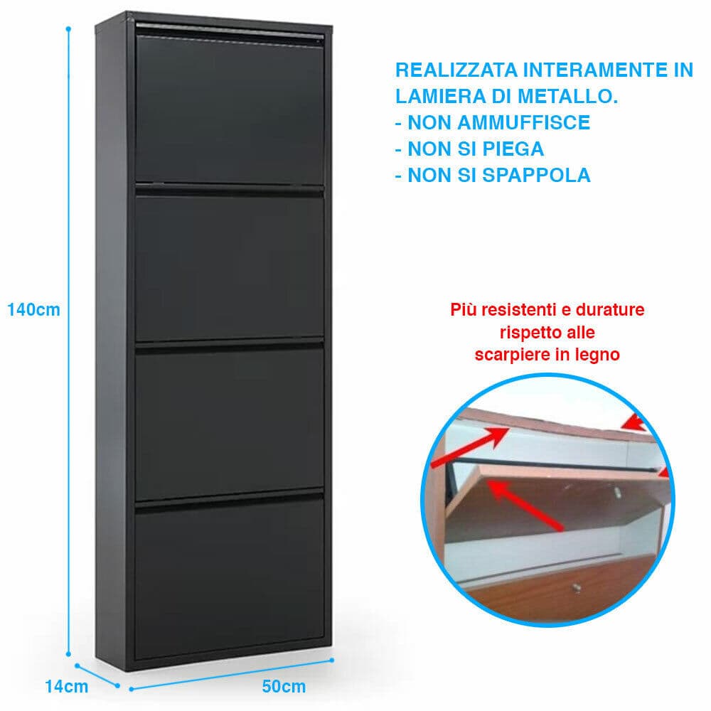 Scarpiera 4Ante Slim in Metallo Verniciato a Fuoco Antiruggine Salvaspazio 50x14H140cm in Scaffali portascarpe Danyx - Casoria, commercioVirtuoso.it