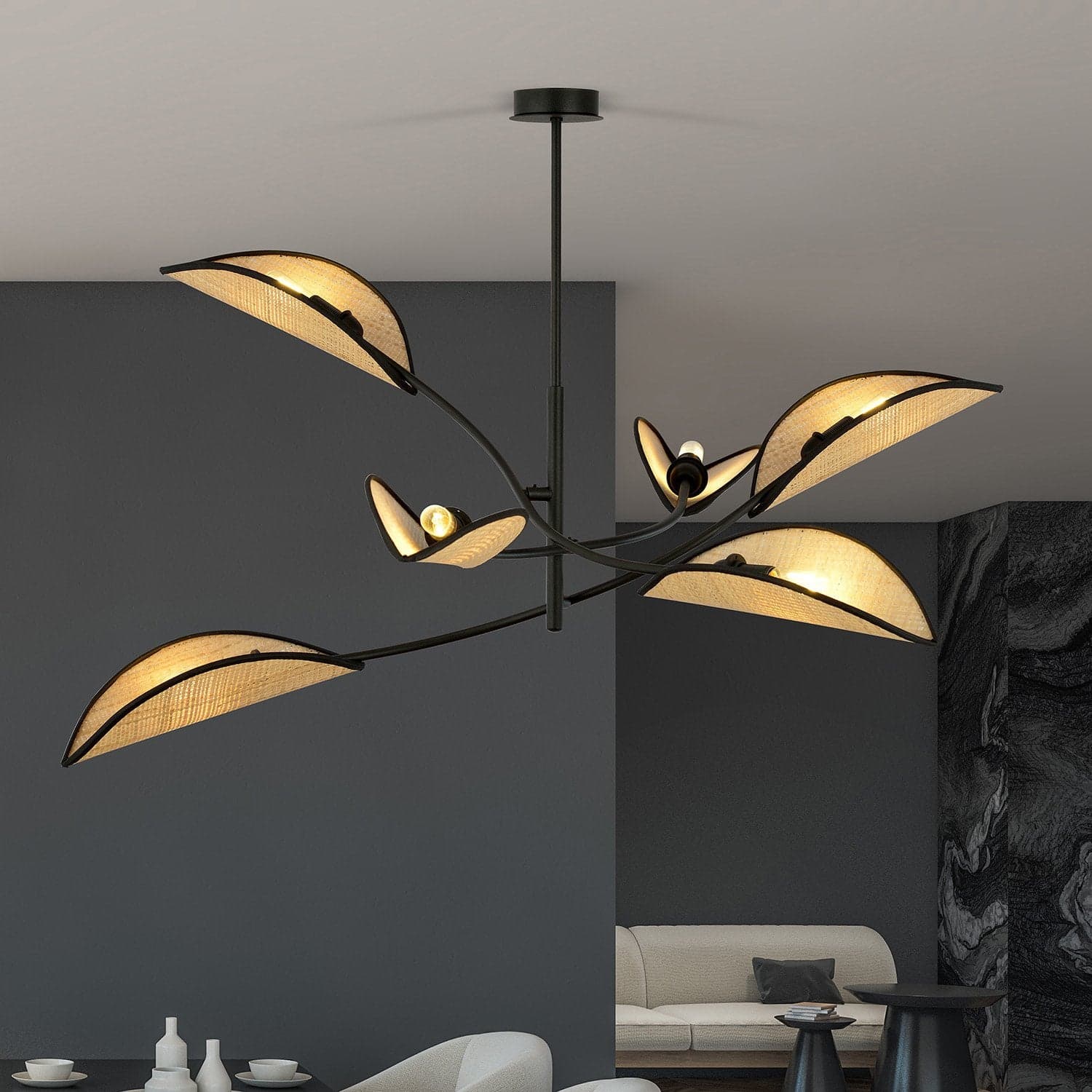 Sospensione Nordica 6 Luci Lotus In Acciaio E Rattan Con Bracci Regolabili in Lampade a sospensione LuceArt - Montecorvino Pugliano, commercioVirtuoso.it