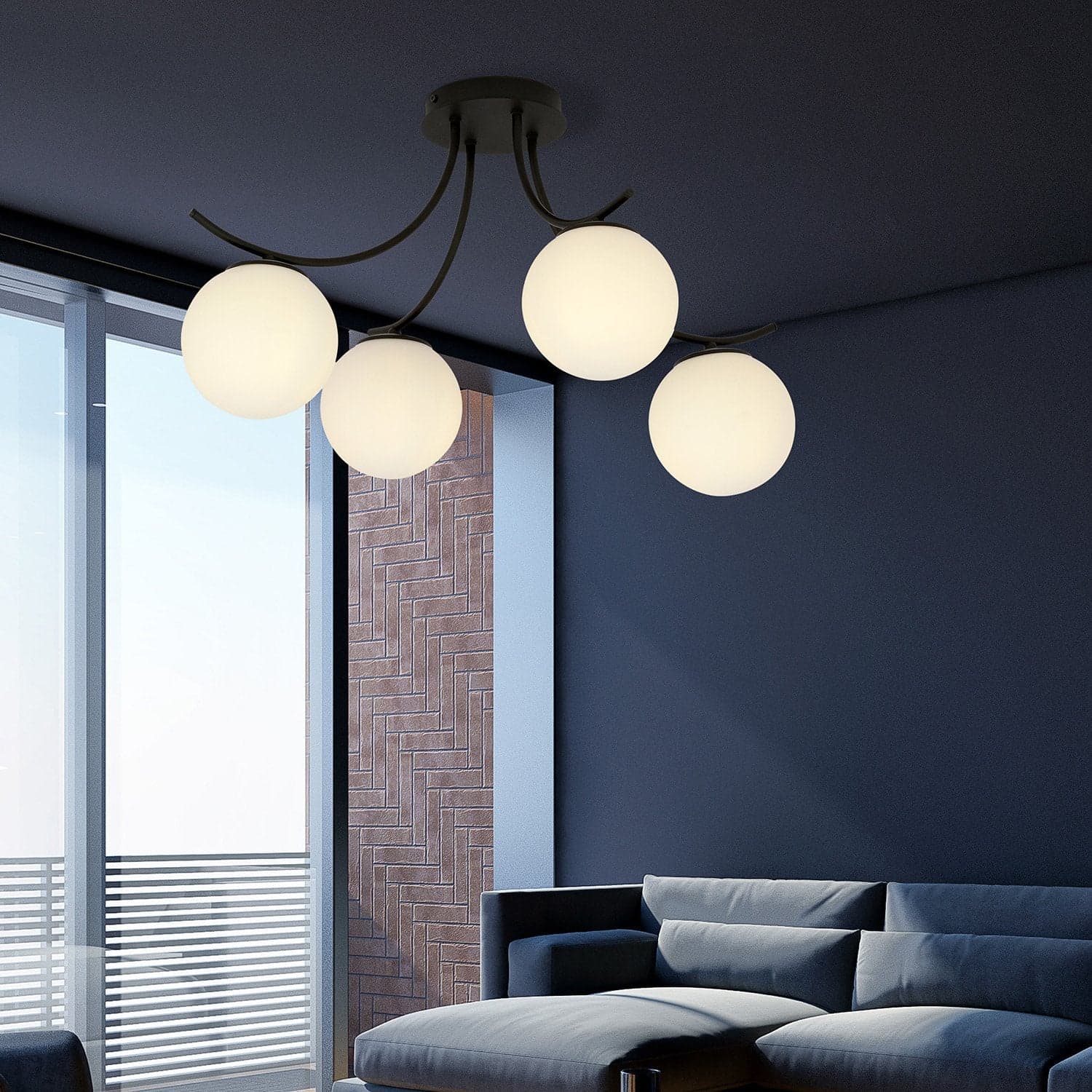 Plafoniera Moderna 4 Luci Boston In Acciaio Nero E Diffusori In Vetro Opale in Plafoniere LuceArt - Montecorvino Pugliano, commercioVirtuoso.it