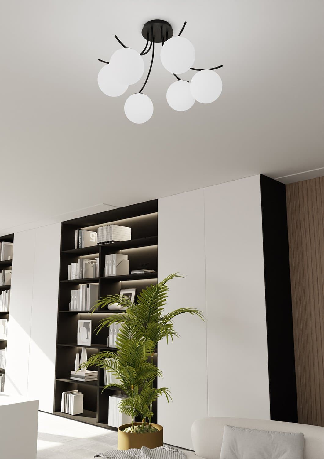 Plafoniera Moderna 6 Luci Boston In Acciaio Nero E Diffusori In Vetro Opale in Plafoniere LuceArt - Montecorvino Pugliano, commercioVirtuoso.it