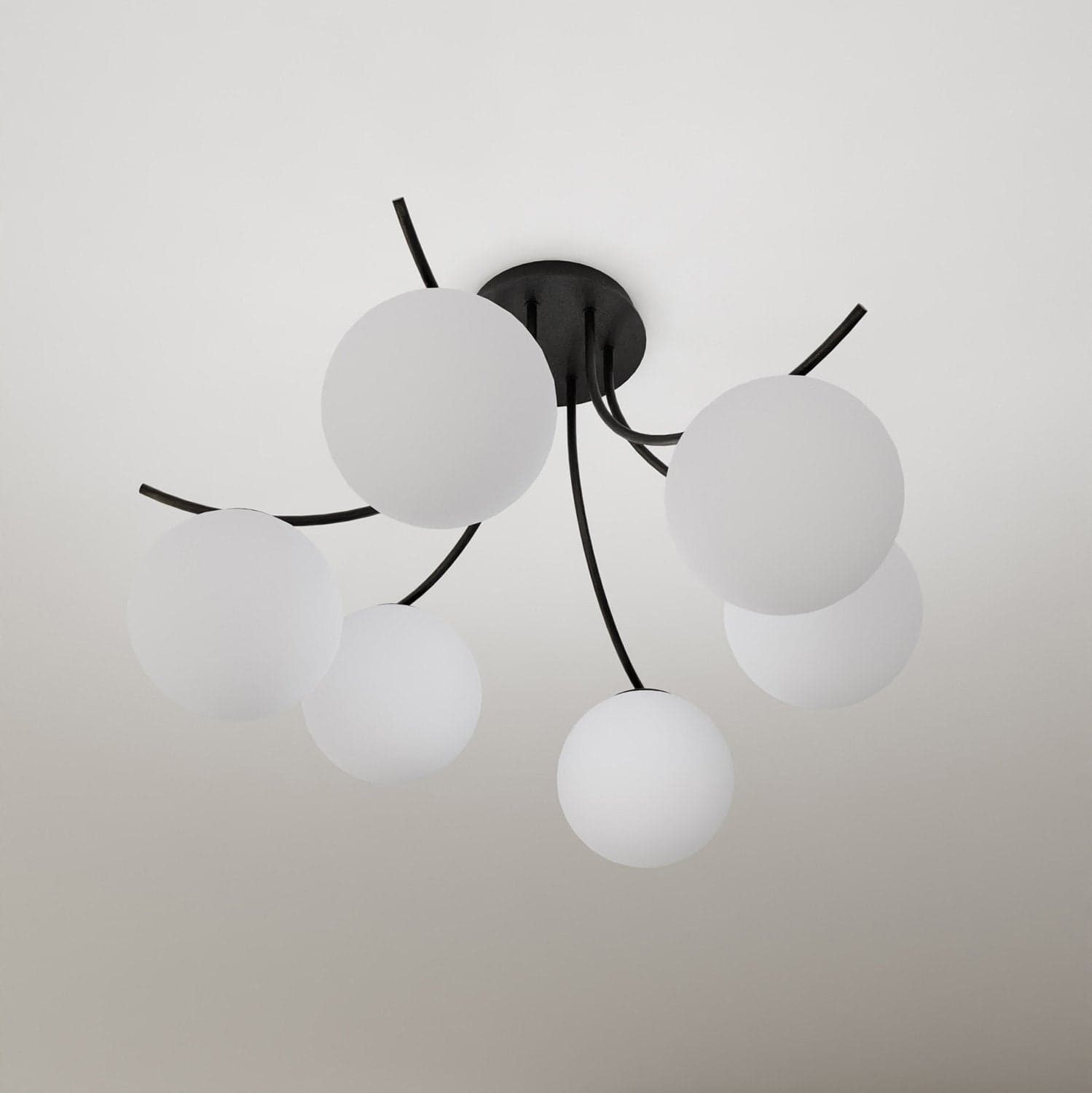 Plafoniera Moderna 6 Luci Boston In Acciaio Nero E Diffusori In Vetro Opale in Plafoniere LuceArt - Montecorvino Pugliano, commercioVirtuoso.it