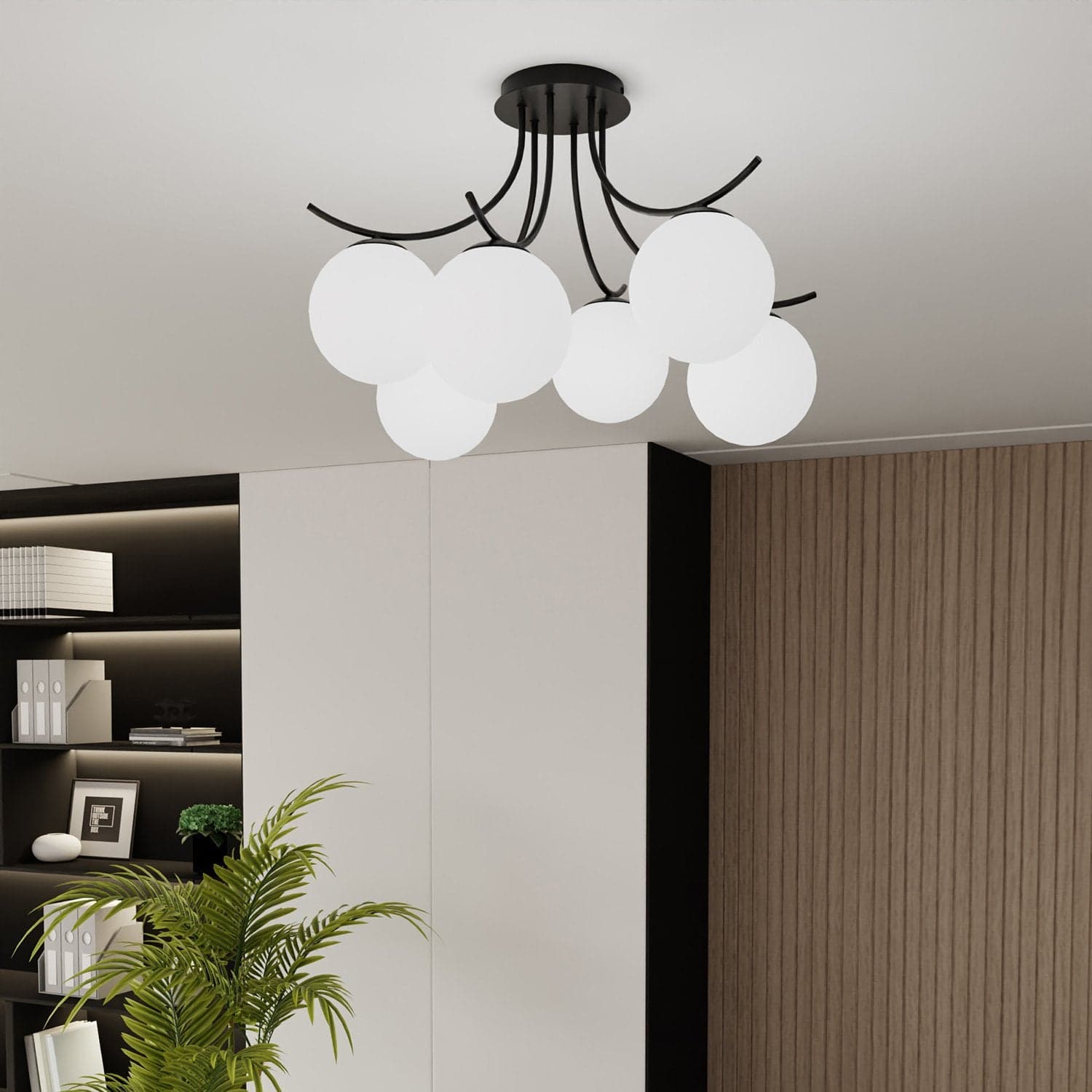 Plafoniera Moderna 6 Luci Boston In Acciaio Nero E Diffusori In Vetro Opale in Plafoniere LuceArt - Montecorvino Pugliano, commercioVirtuoso.it
