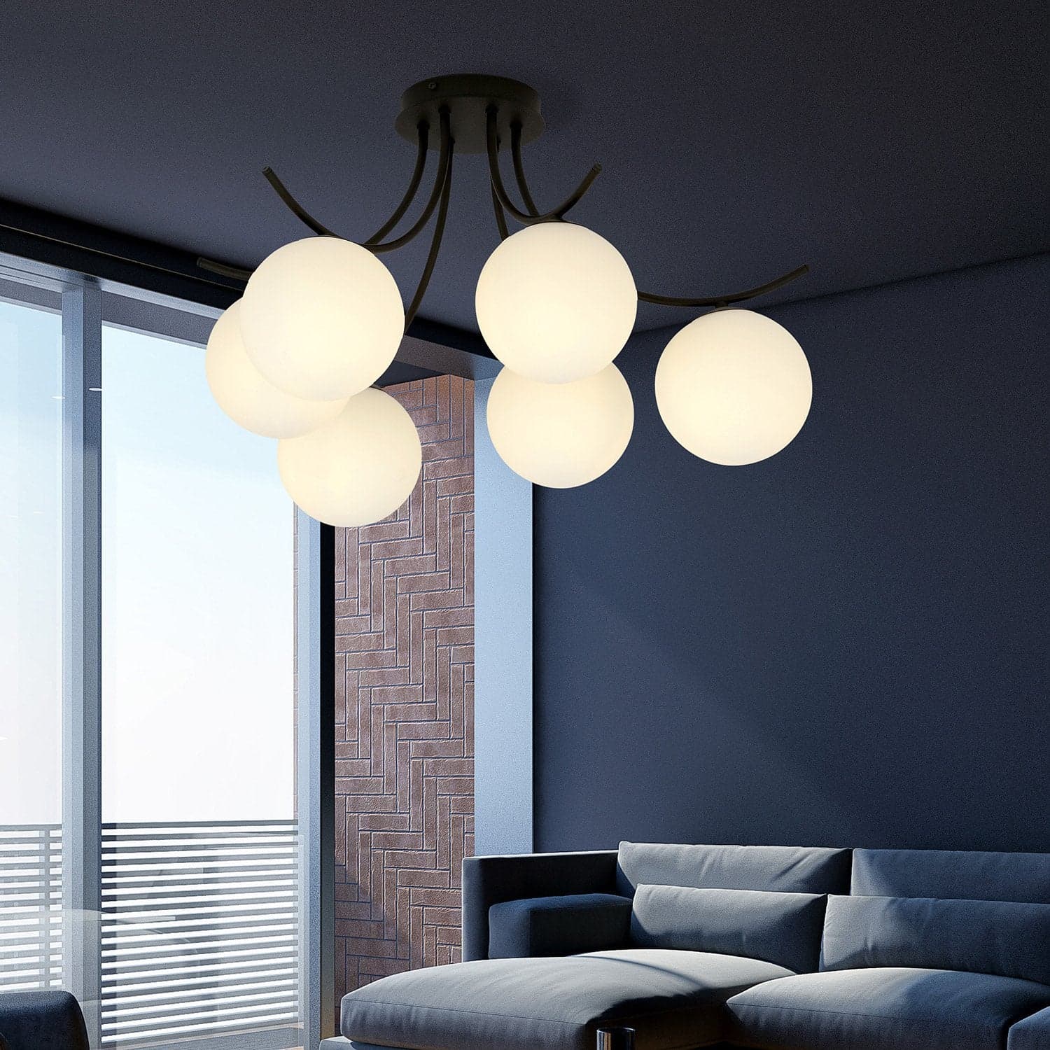 Plafoniera Moderna 6 Luci Boston In Acciaio Nero E Diffusori In Vetro Opale in Plafoniere LuceArt - Montecorvino Pugliano, commercioVirtuoso.it