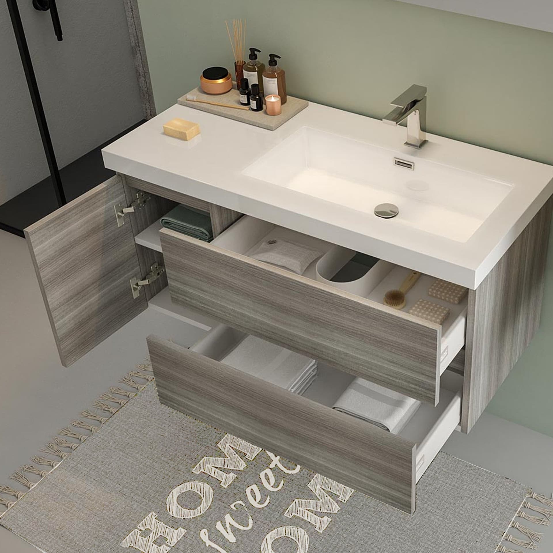 Mobile bagno sospeso grigio eucalipto 100cm due cassetti e sportello MOOD-100 in Mobiletti con lavabo Mondialshop - Parabiago, commercioVirtuoso.it