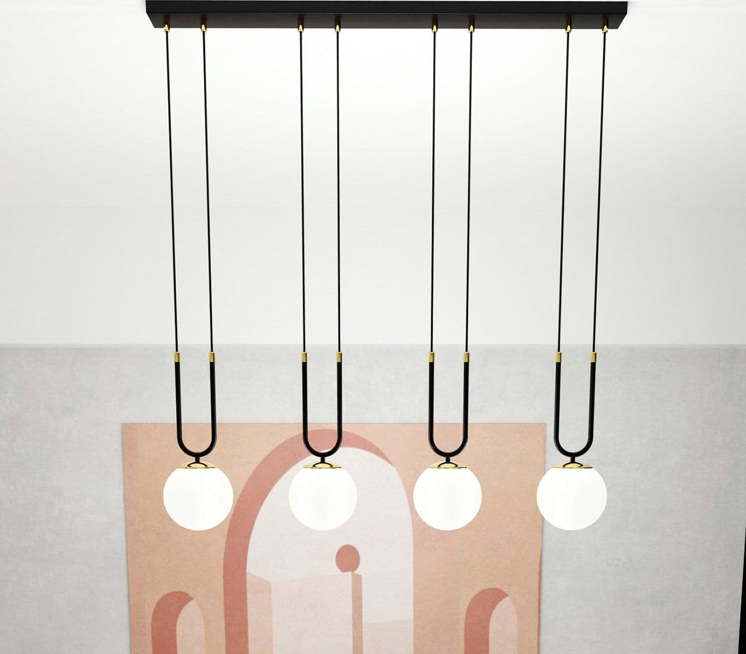 Sospensione Contemporanea 4 Luci Glam In Acciaio Nero Oro E Sfere Vetro Opalino in Lampade a sospensione LuceArt - Montecorvino Pugliano, commercioVirtuoso.it