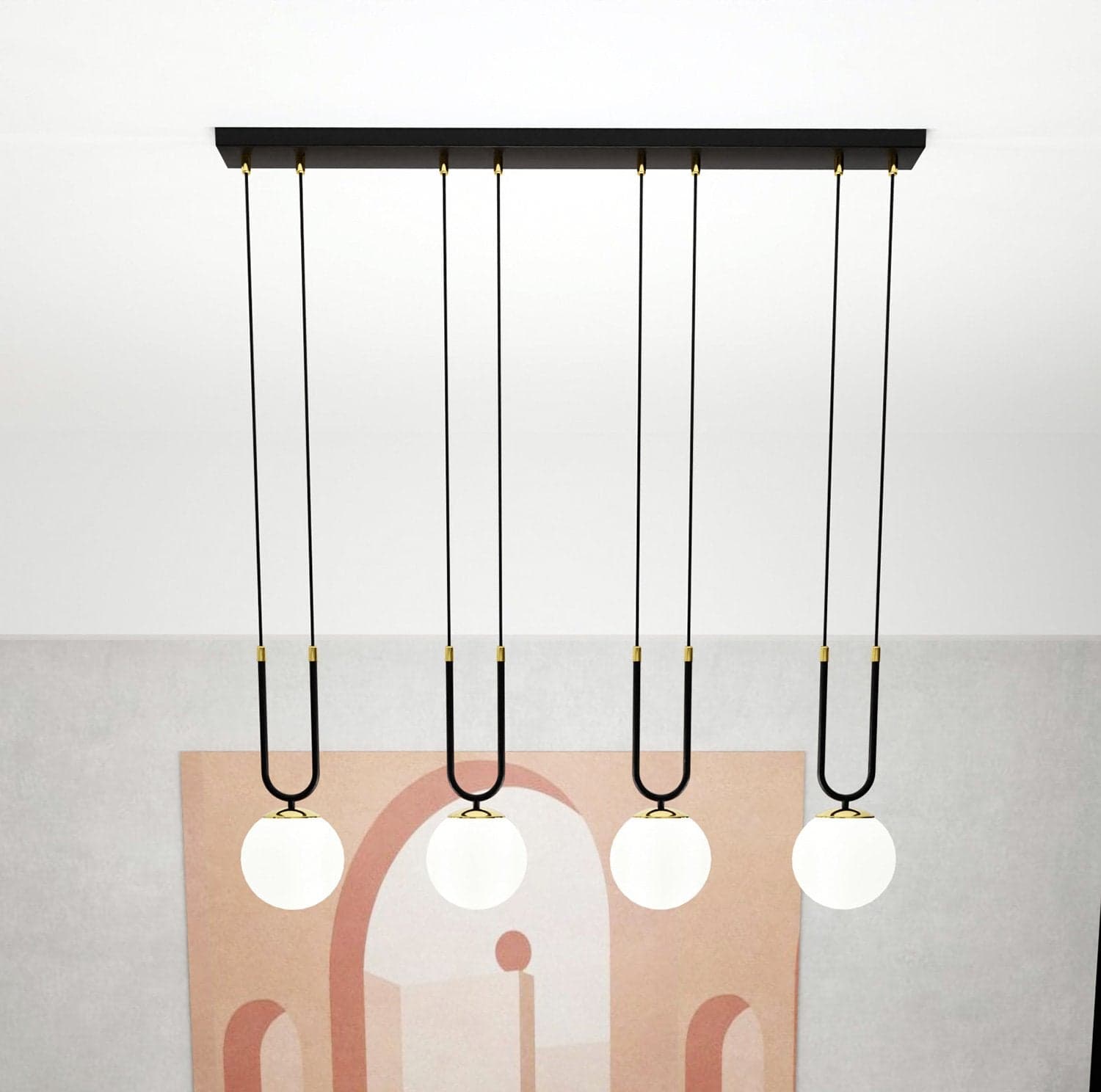 Sospensione Contemporanea 4 Luci Glam In Acciaio Nero Oro E Sfere Vetro Opalino in Lampade a sospensione LuceArt - Montecorvino Pugliano, commercioVirtuoso.it