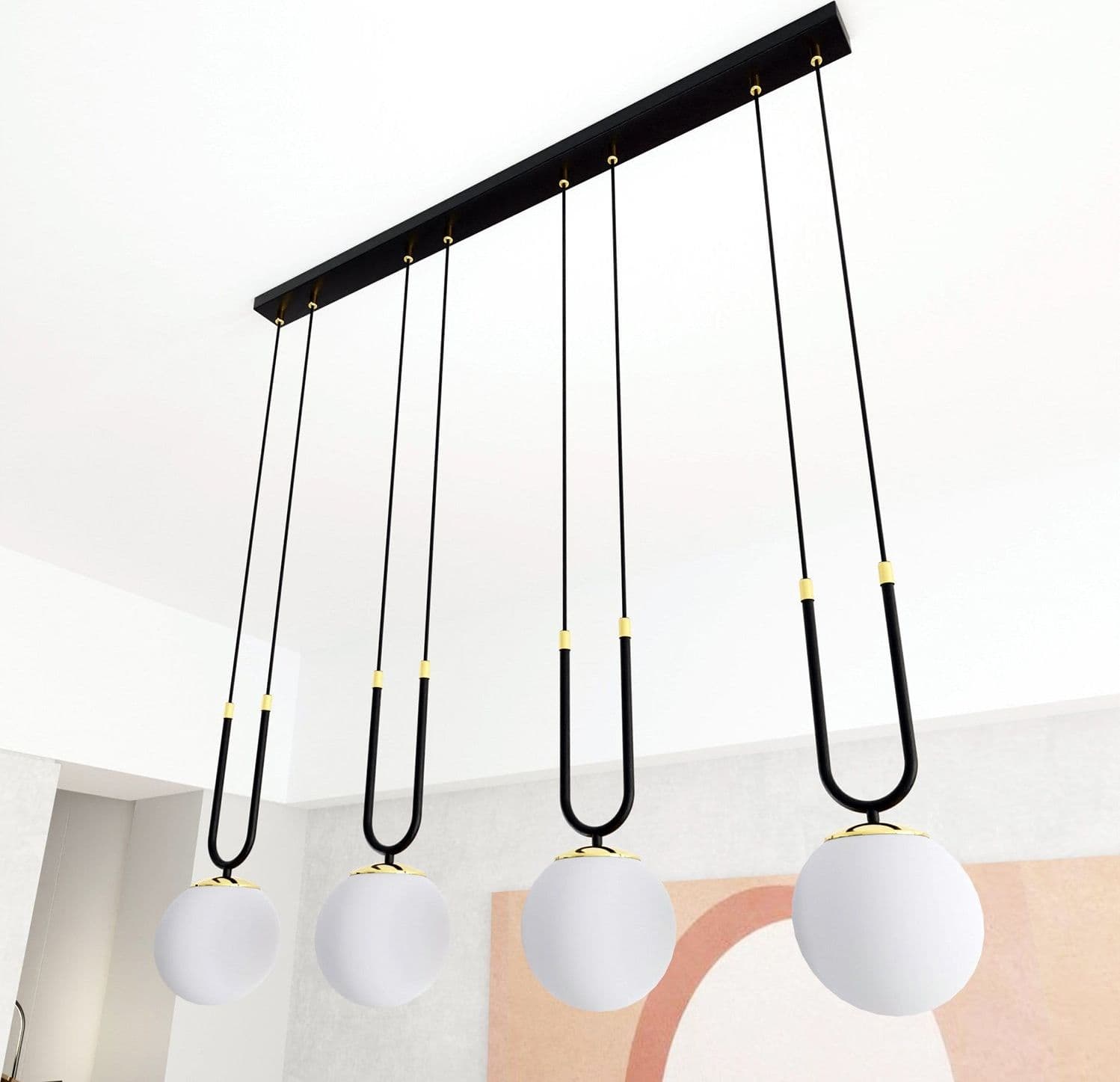 Sospensione Contemporanea 4 Luci Glam In Acciaio Nero Oro E Sfere Vetro Opalino in Lampade a sospensione LuceArt - Montecorvino Pugliano, commercioVirtuoso.it
