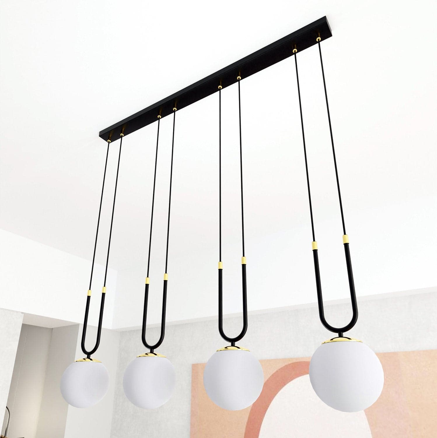 Sospensione Contemporanea 4 Luci Glam In Acciaio Nero Oro E Sfere Vetro Opalino in Lampade a sospensione LuceArt - Montecorvino Pugliano, commercioVirtuoso.it