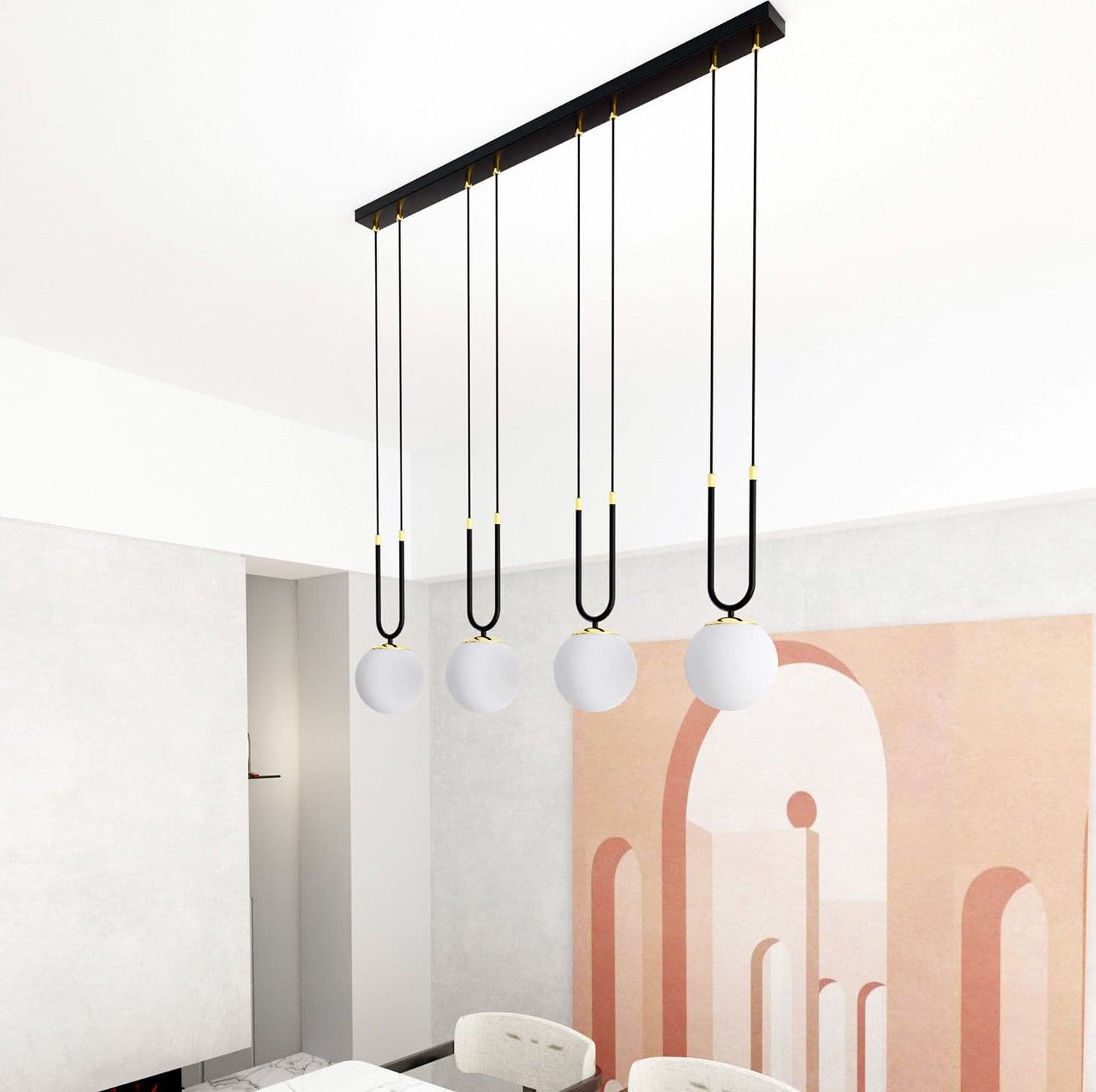 Sospensione Contemporanea 4 Luci Glam In Acciaio Nero Oro E Sfere Vetro Opalino in Lampade a sospensione LuceArt - Montecorvino Pugliano, commercioVirtuoso.it