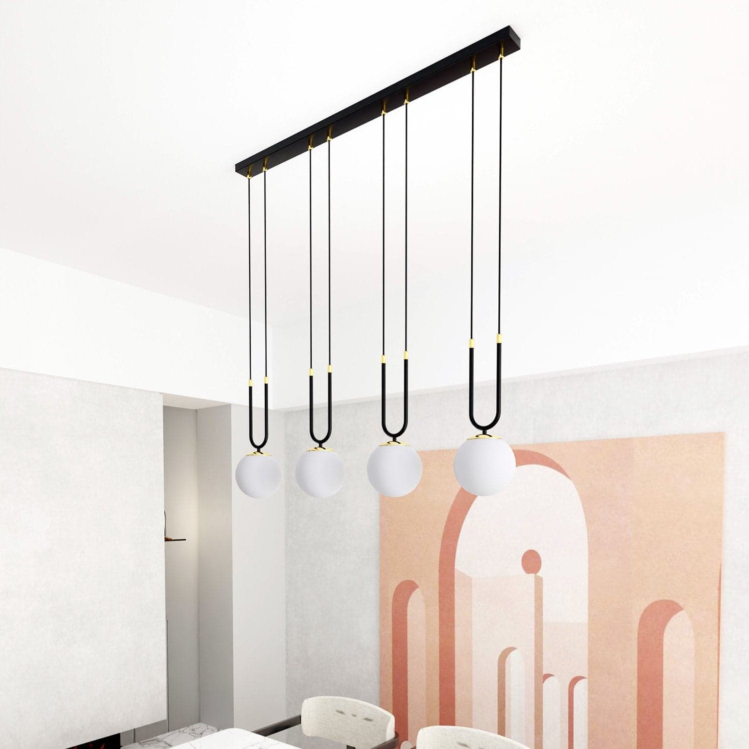 Sospensione Contemporanea 4 Luci Glam In Acciaio Nero Oro E Sfere Vetro Opalino in Lampade a sospensione LuceArt - Montecorvino Pugliano, commercioVirtuoso.it