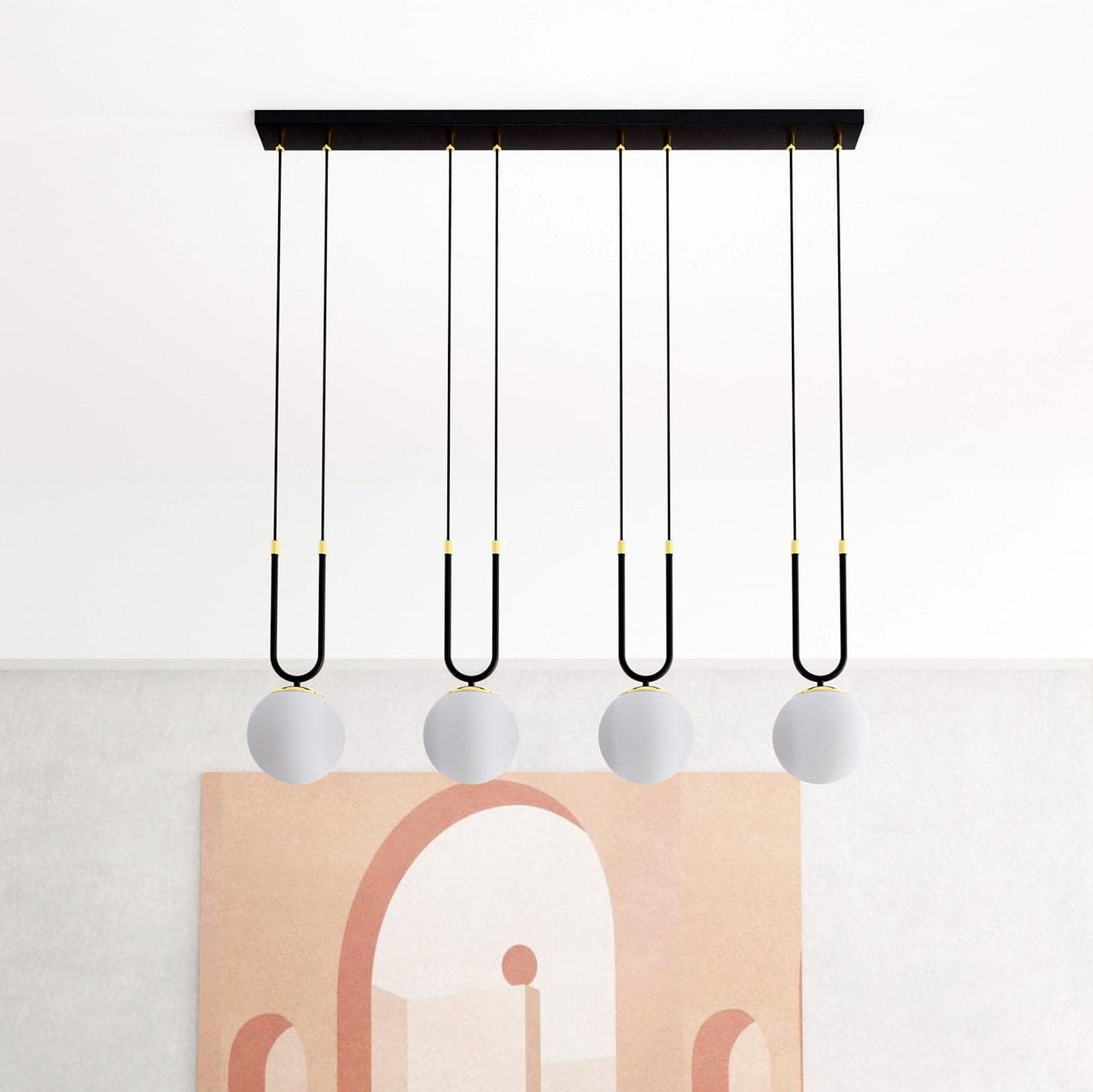 Sospensione Contemporanea 4 Luci Glam In Acciaio Nero Oro E Sfere Vetro Opalino in Lampade a sospensione LuceArt - Montecorvino Pugliano, commercioVirtuoso.it