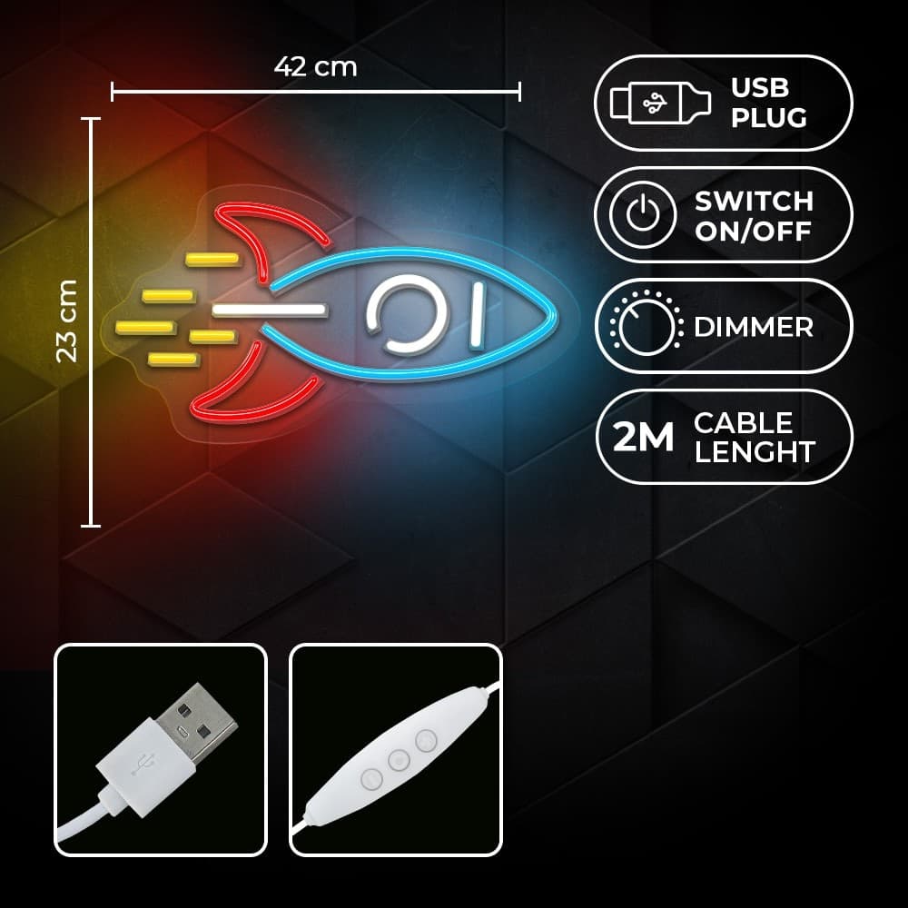 led wall neon missile multicolor connettore usb con regolatore di intensita' dimensioni 230x20x420 in Insegne luminose Tropposmart.it - Genova, commercioVirtuoso.it