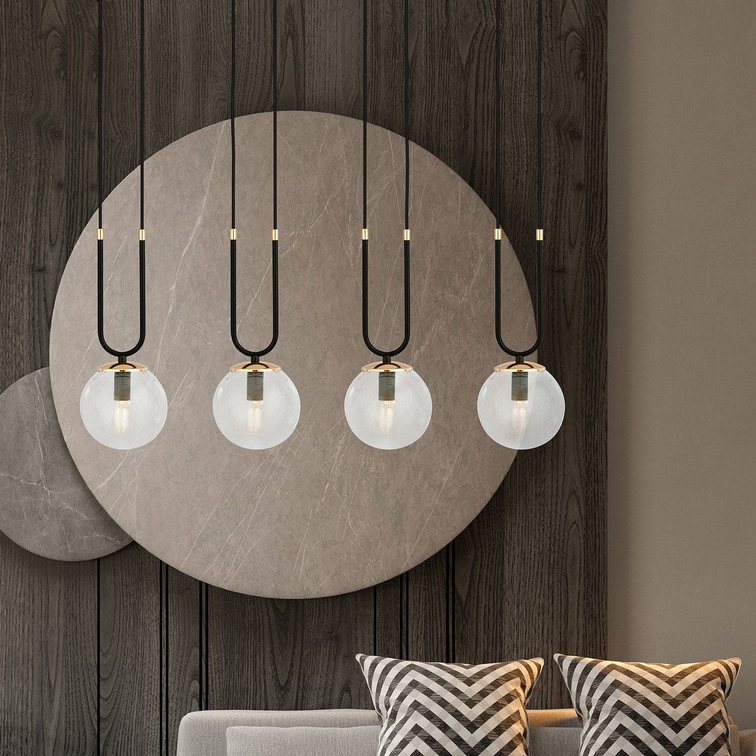 Sospensione Contemporanea 4 Luci Glam Acciaio Nero Oro E Sfera Vetro Trasparente in Lampade a sospensione LuceArt - Montecorvino Pugliano, commercioVirtuoso.it