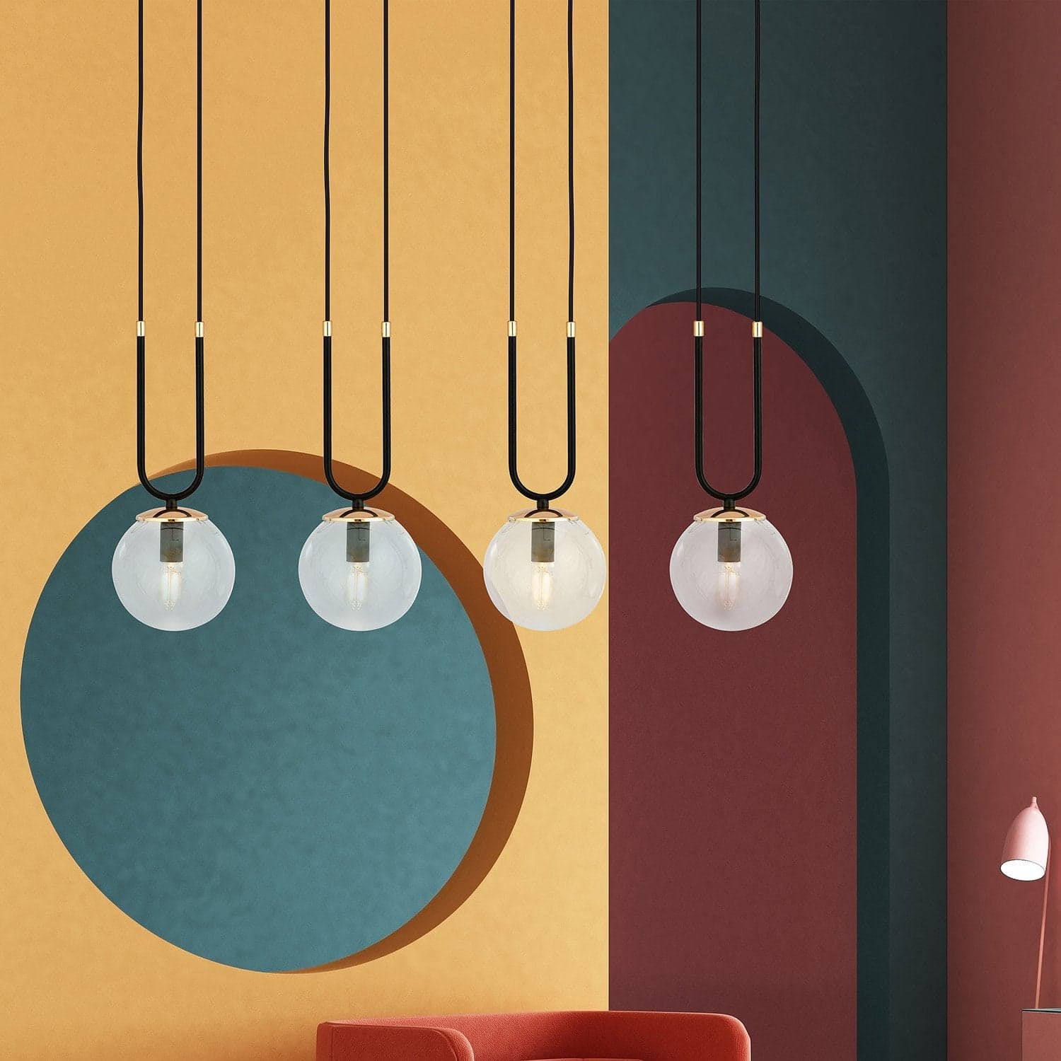 Sospensione Contemporanea 4 Luci Glam Acciaio Nero Oro E Sfera Vetro Trasparente in Lampade a sospensione LuceArt - Montecorvino Pugliano, commercioVirtuoso.it