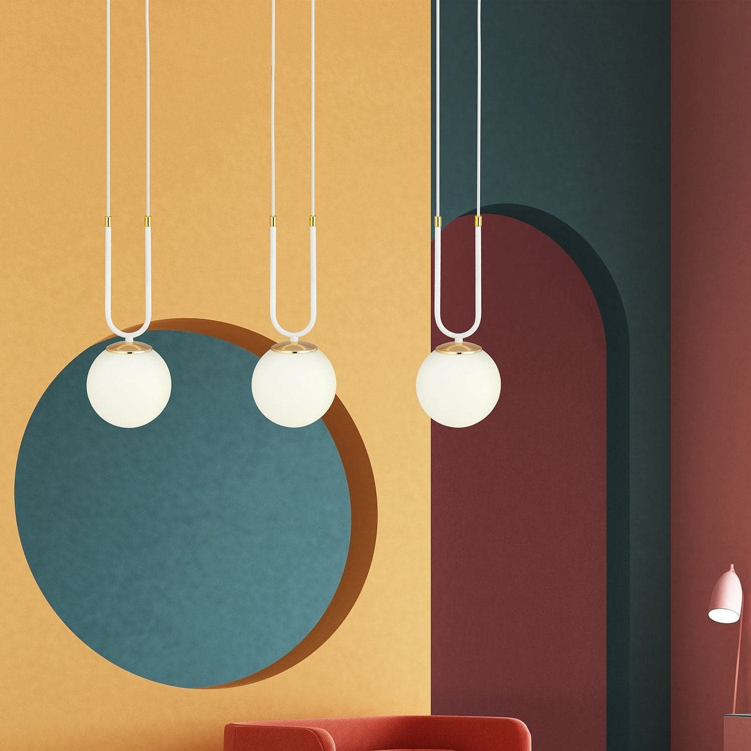 Sospensione Contemporanea 3 Luci Glam Acciaio Bianco Oro E Sfere Vetro Opalino in Lampade a sospensione LuceArt - Montecorvino Pugliano, commercioVirtuoso.it