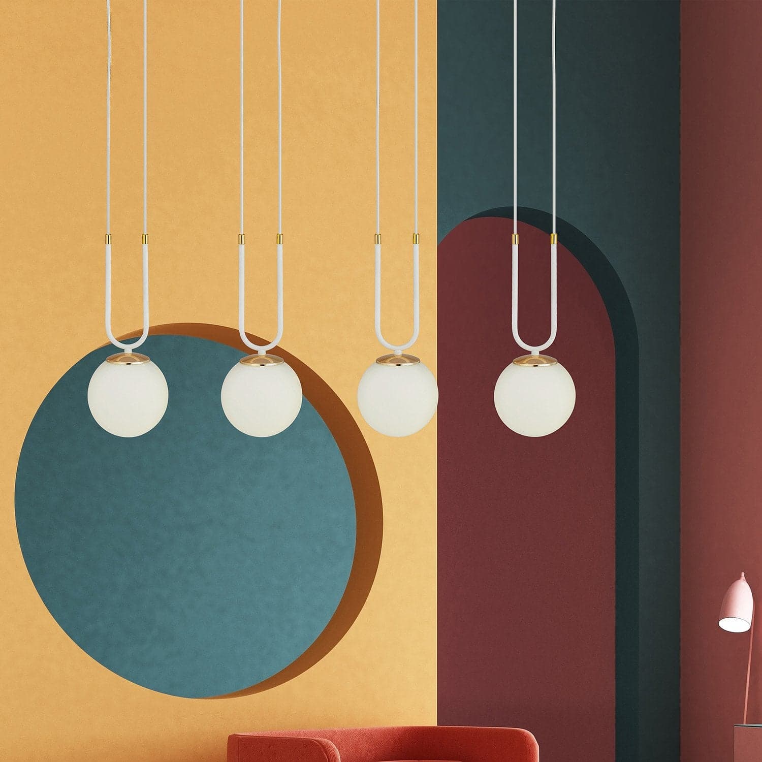 Sospensione Contemporanea 4 Luci Glam Acciaio Bianco Oro E Sfere Vetro Opalino in Lampade a sospensione LuceArt - Montecorvino Pugliano, commercioVirtuoso.it