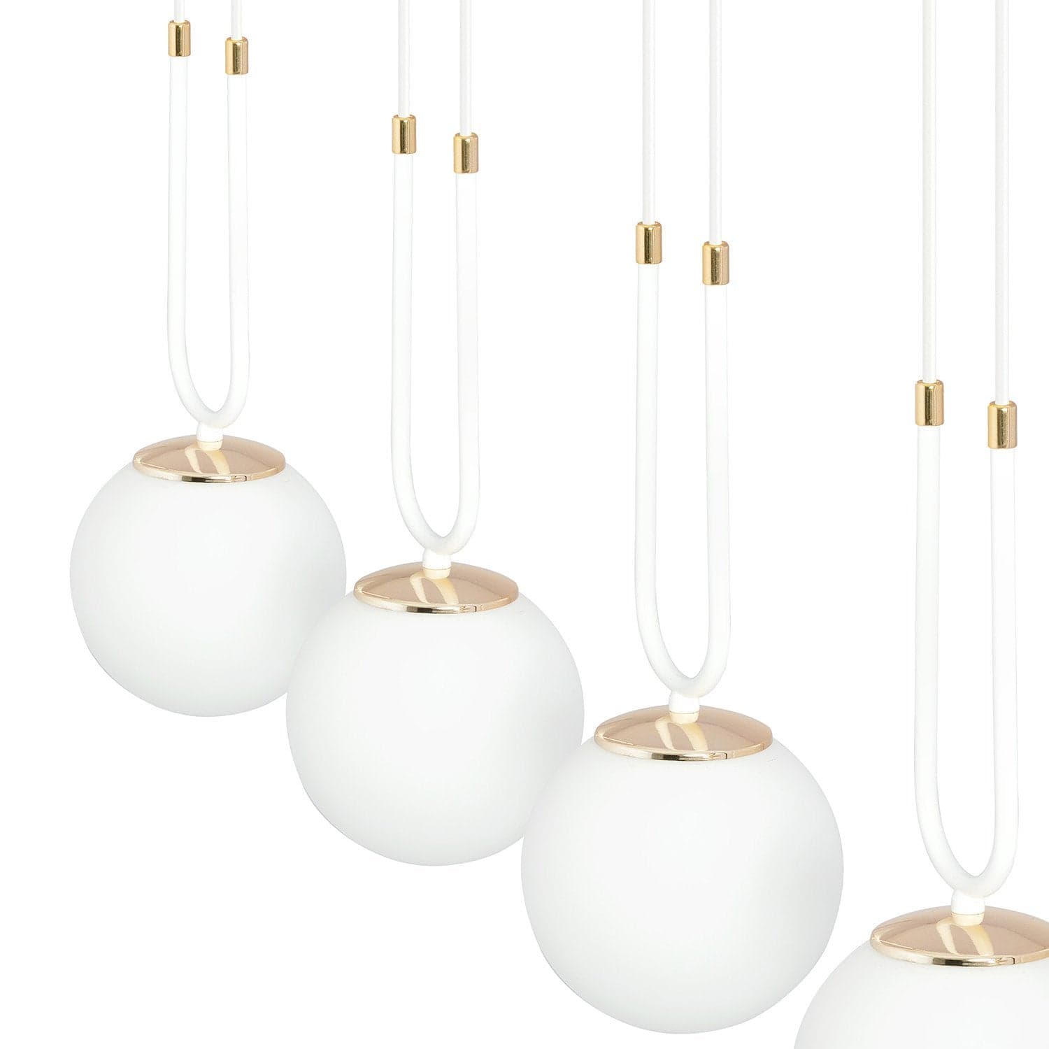 Sospensione Contemporanea 4 Luci Glam Acciaio Bianco Oro E Sfere Vetro Opalino in Lampade a sospensione LuceArt - Montecorvino Pugliano, commercioVirtuoso.it