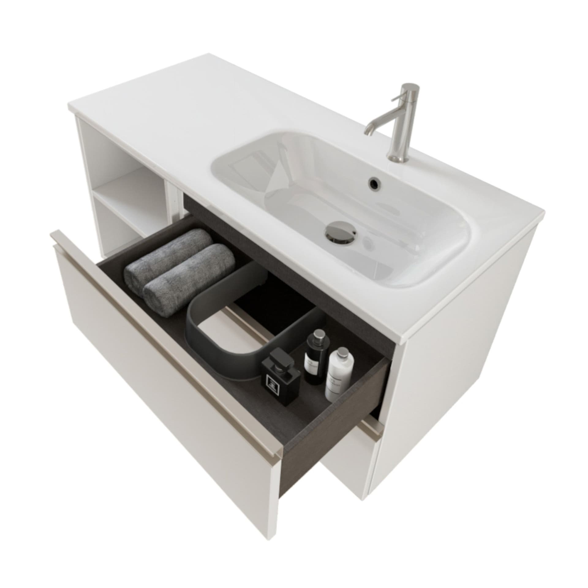 Mobile bagno sospeso 100cm con ripiano a sinistra e specchio bianco opaco DUBON in Armadietti a specchio Mondialshop - Parabiago, commercioVirtuoso.it