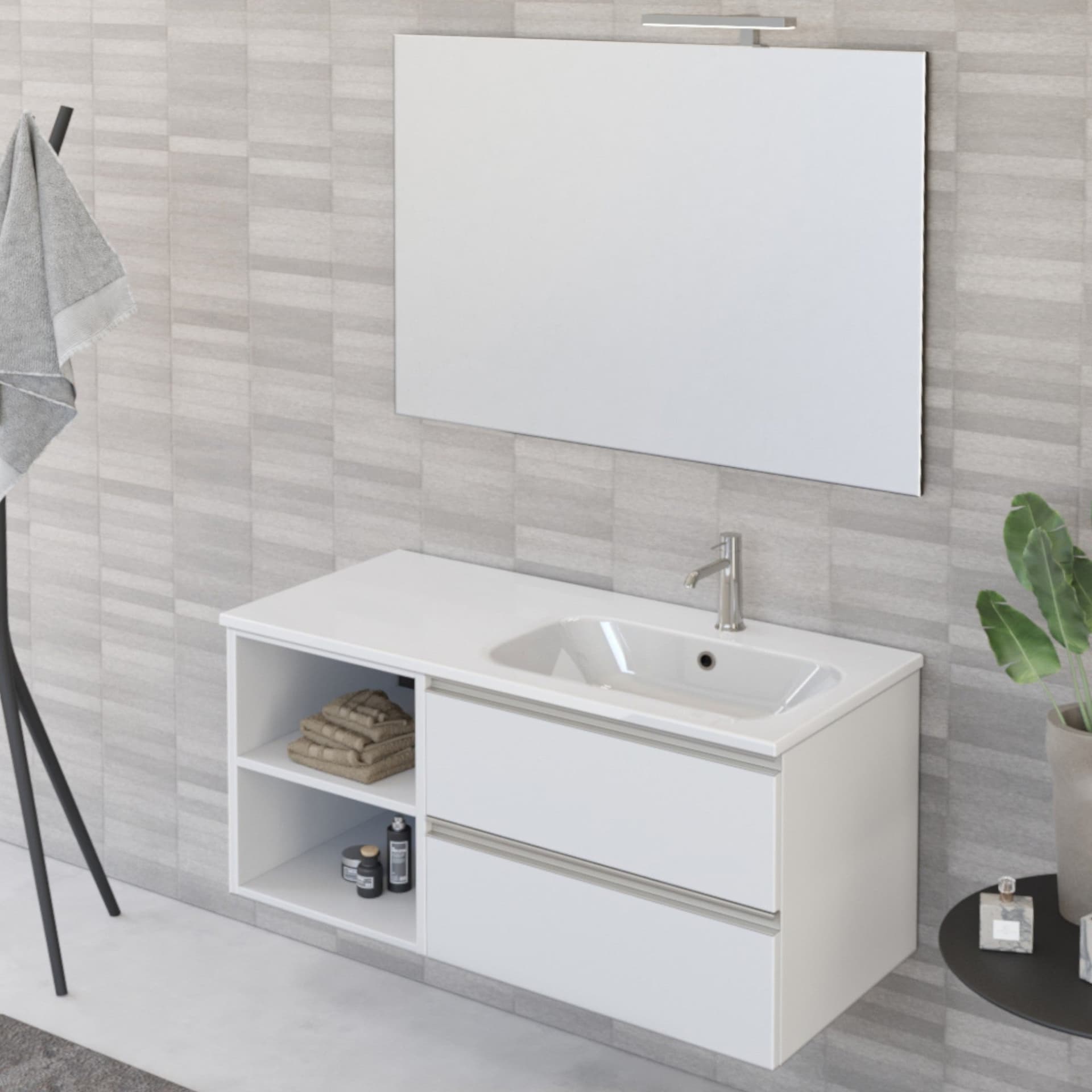 Mobile bagno sospeso 100cm con ripiano a sinistra e specchio bianco opaco DUBON in Armadietti a specchio Mondialshop - Parabiago, commercioVirtuoso.it