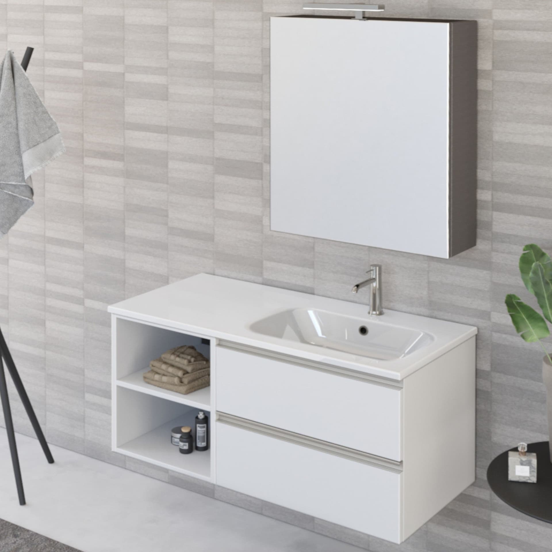 Mobile bagno sospeso 100cm con ripiano a sinistra e specchiera bianco opaco DUBON in Armadietti a specchio Mondialshop - Parabiago, commercioVirtuoso.it