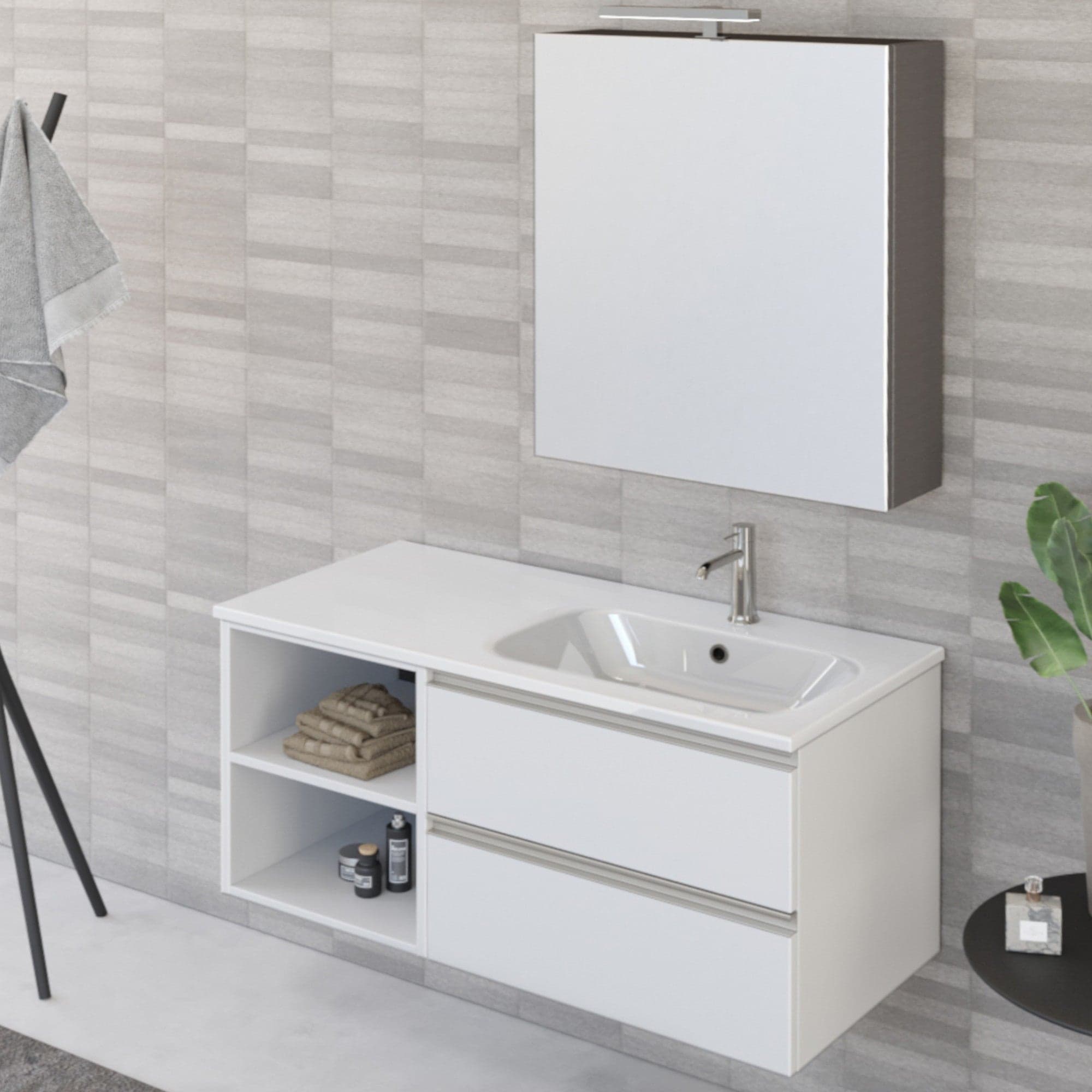 Mobile bagno sospeso 100cm con ripiano a sinistra e specchiera bianco opaco DUBON in Armadietti a specchio Mondialshop - Parabiago, commercioVirtuoso.it