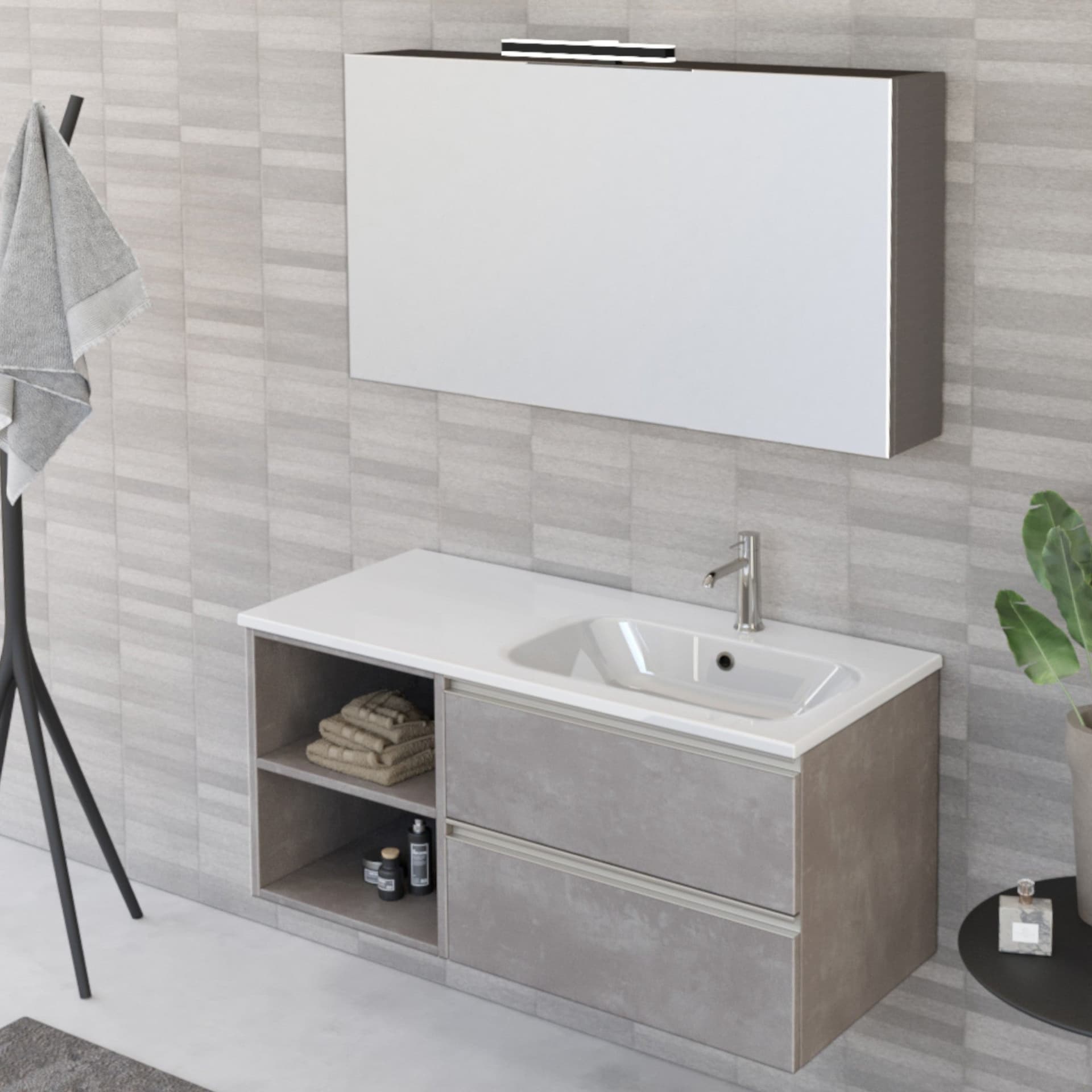 Mobile bagno sospeso 100cm con ripiano a sinistra e specchiera cemento grigio caldo DUBON in Armadietti a specchio Mondialshop - Parabiago, commercioVirtuoso.it