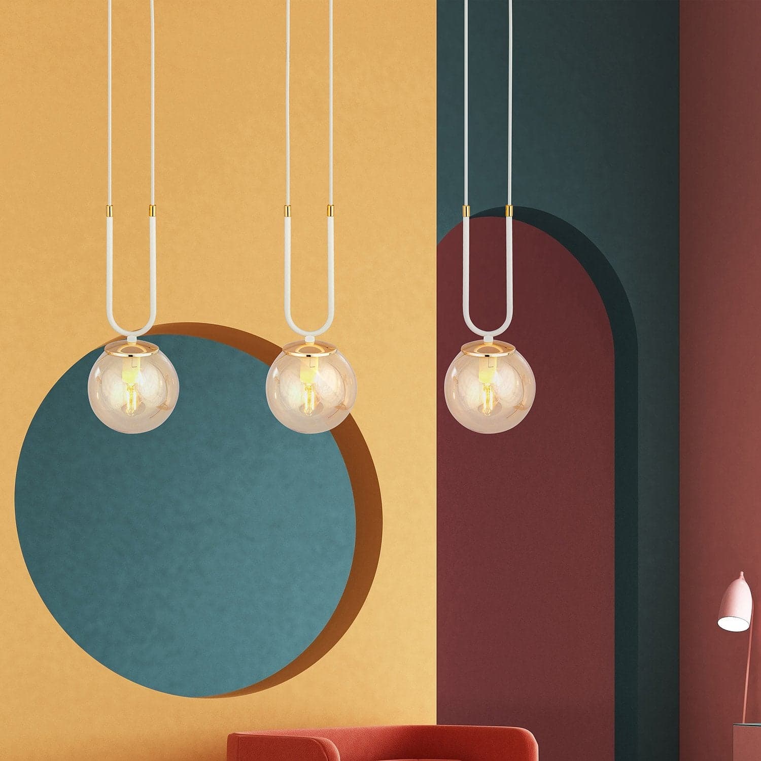 Sospensione Contemporanea 3 Luci Glam Acciaio Bianco Oro E Sfera Vetro Ambra in Lampade a sospensione LuceArt - Montecorvino Pugliano, commercioVirtuoso.it