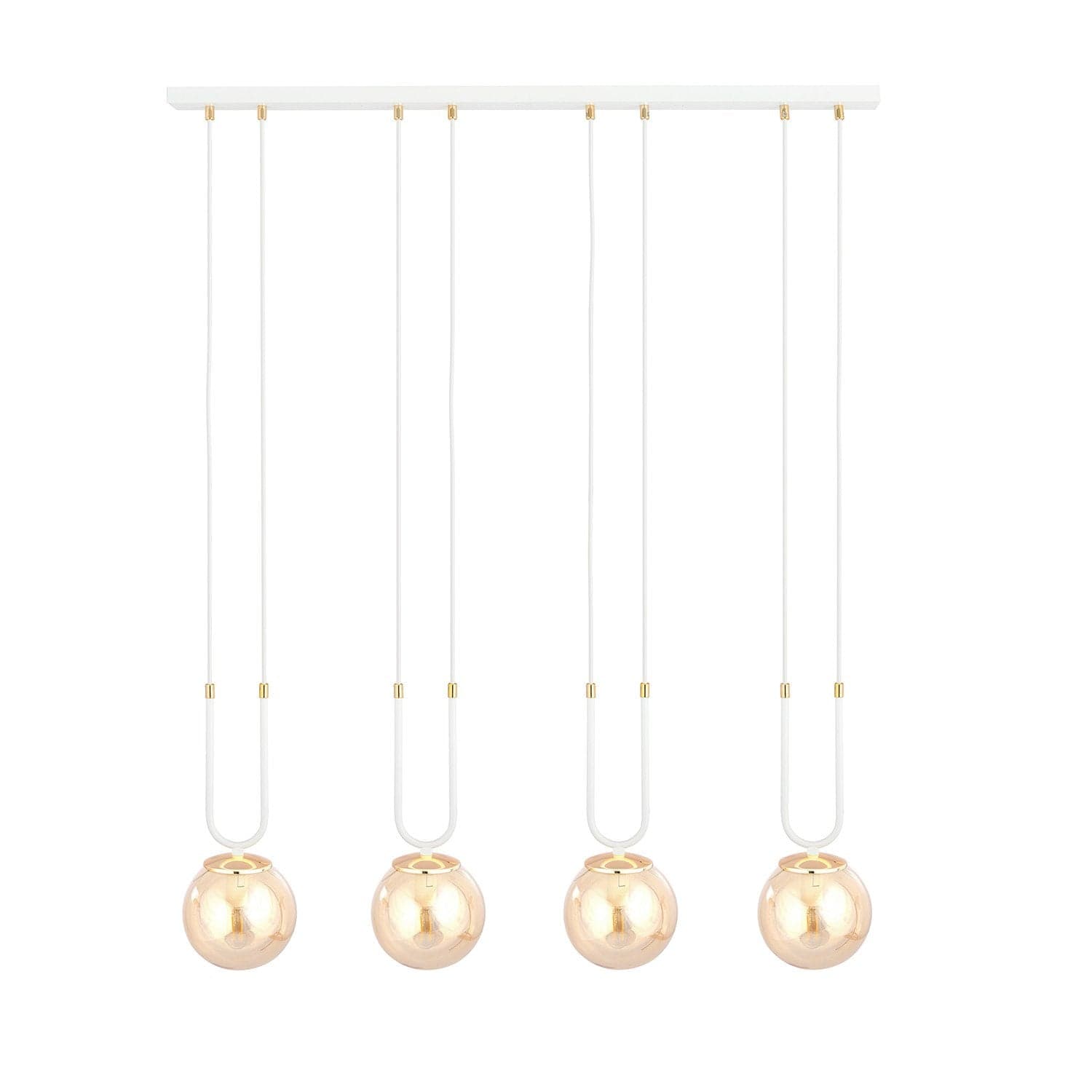 Sospensione Contemporanea 4 Luci Glam Acciaio Bianco Oro E Sfera Vetro Ambra in Lampade a sospensione LuceArt - Montecorvino Pugliano, commercioVirtuoso.it