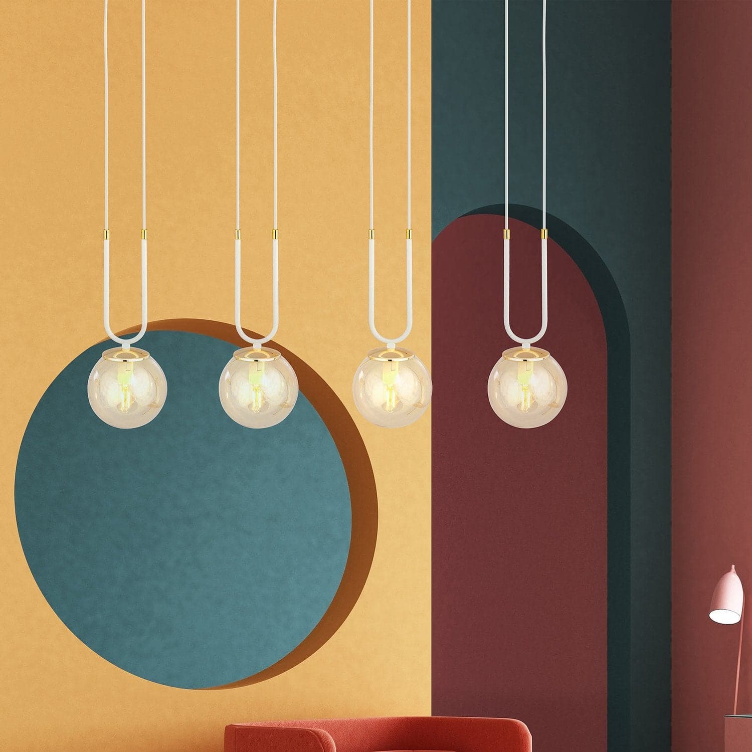 Sospensione Contemporanea 4 Luci Glam Acciaio Bianco Oro E Sfera Vetro Ambra in Lampade a sospensione LuceArt - Montecorvino Pugliano, commercioVirtuoso.it